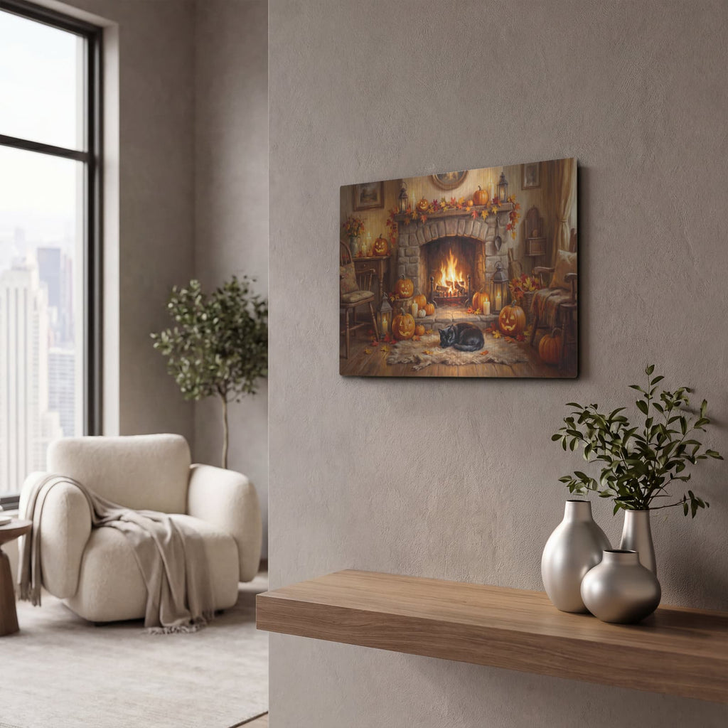 'Halloween Pumpkin Fireplace' by Veve – Metal Wall Art, 16x12 room view