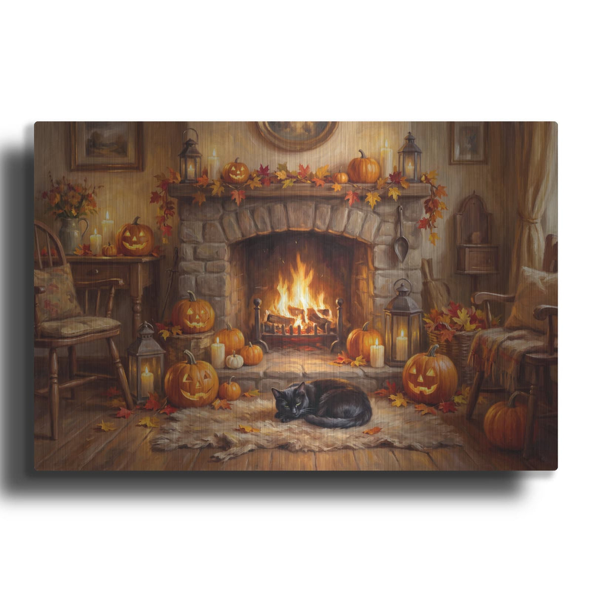 'Halloween Pumpkin Fireplace' by Veve – Metal Wall Art