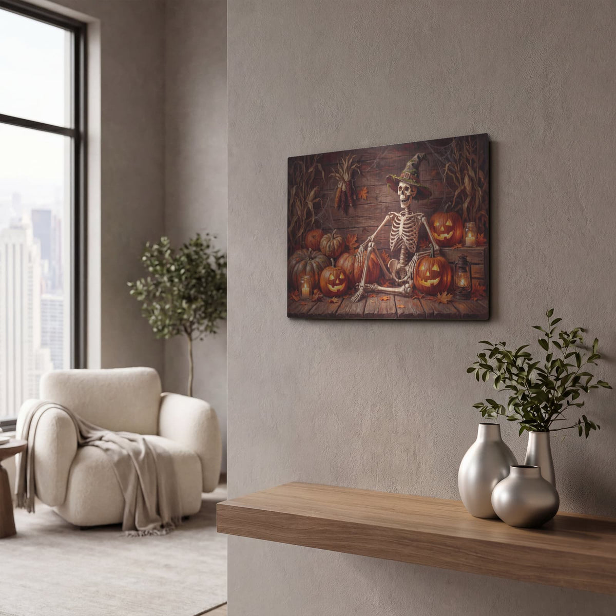 'Halloween Skeleton Pumpkins' by Veve – Metal Wall Art, 16x12 room view