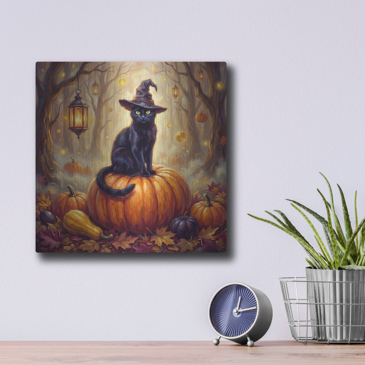'Halloween Witch Cat and Pumpkin' by Veve – Metal Wall Art, 12x12 room view