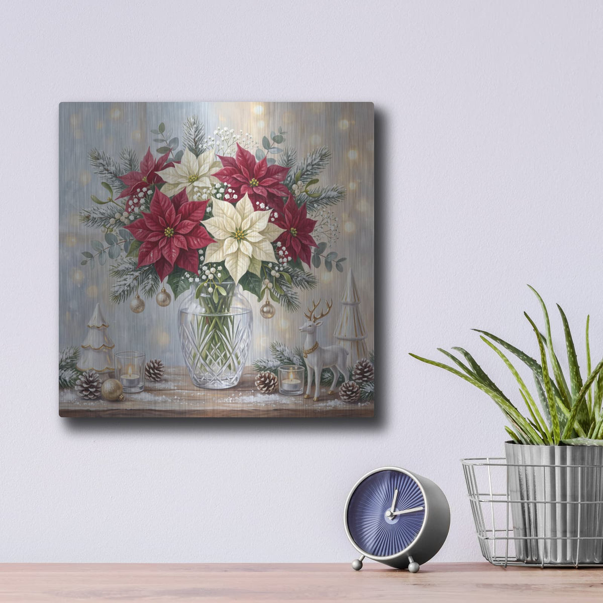 'Holiday Poinsettia Glow' by Veve – Metal Wall Art, 12x12 room view