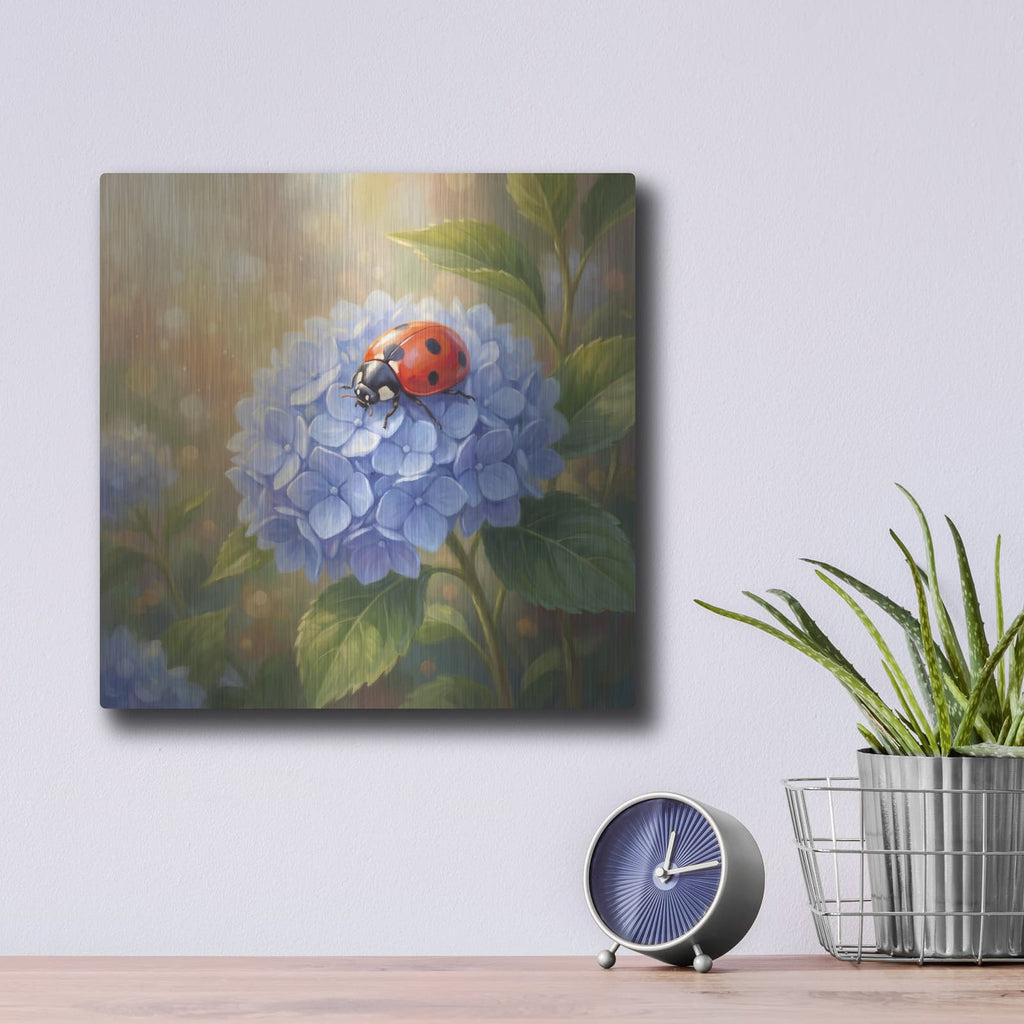 'Hydrangea and Ladybug' by Veve – Metal Wall Art, 12x12 room view