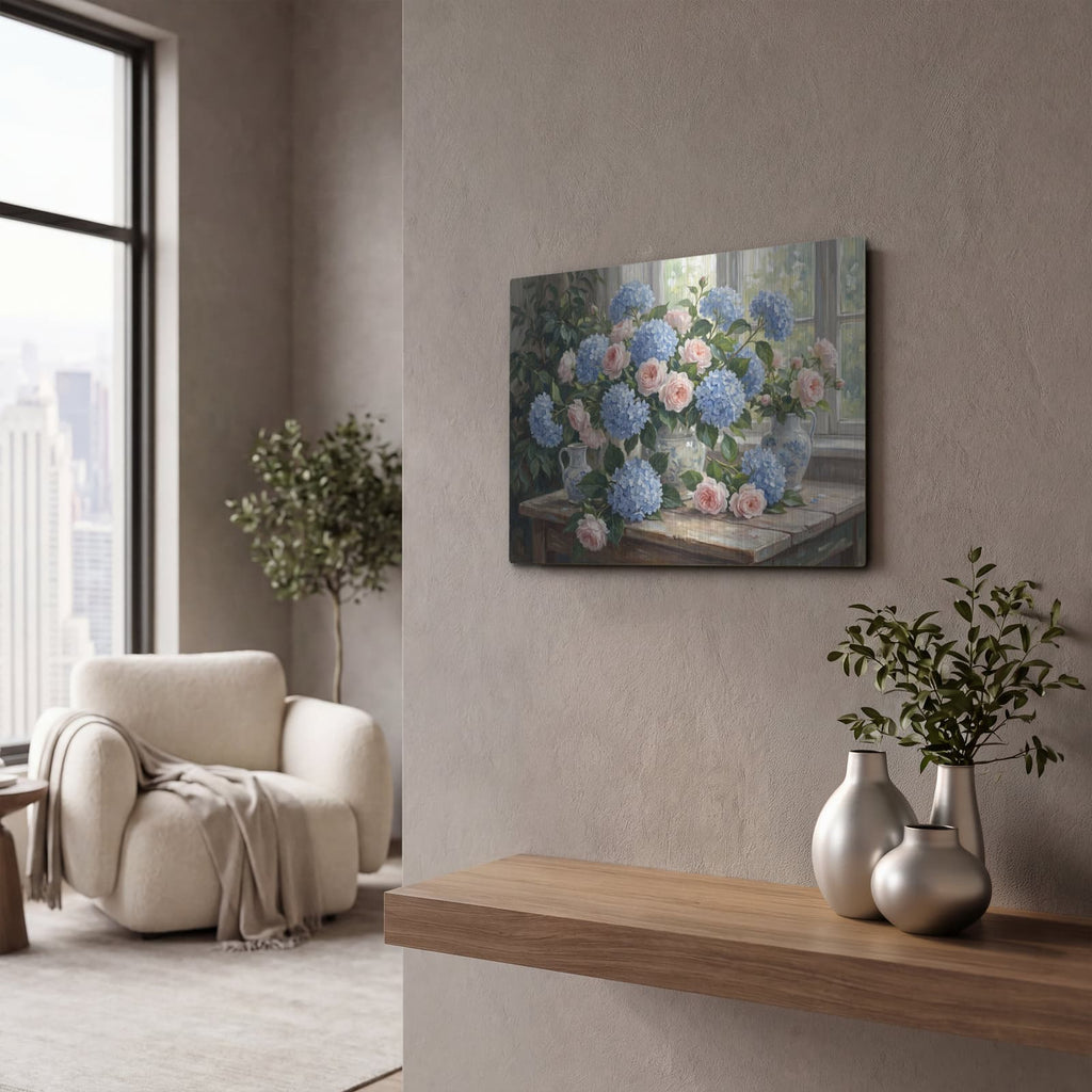 'Hydrangea and Rose Garden' by Veve – Metal Wall Art, 16x12 room view