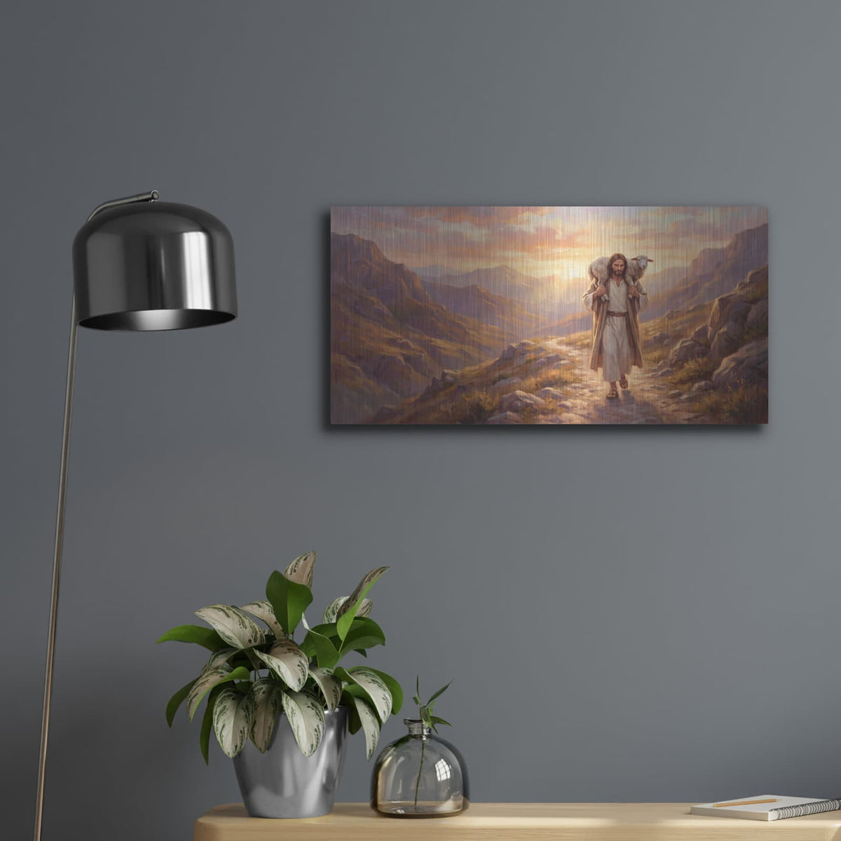 'Jesus and Lost Sheep' by Veve – Metal Wall Art, 24x12 room view