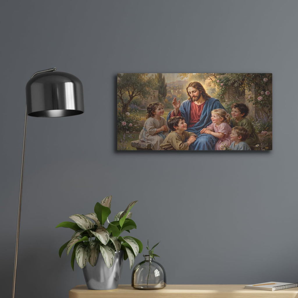 'Jesus Blessing Children' by Veve – Metal Wall Art, 24x12 room view
