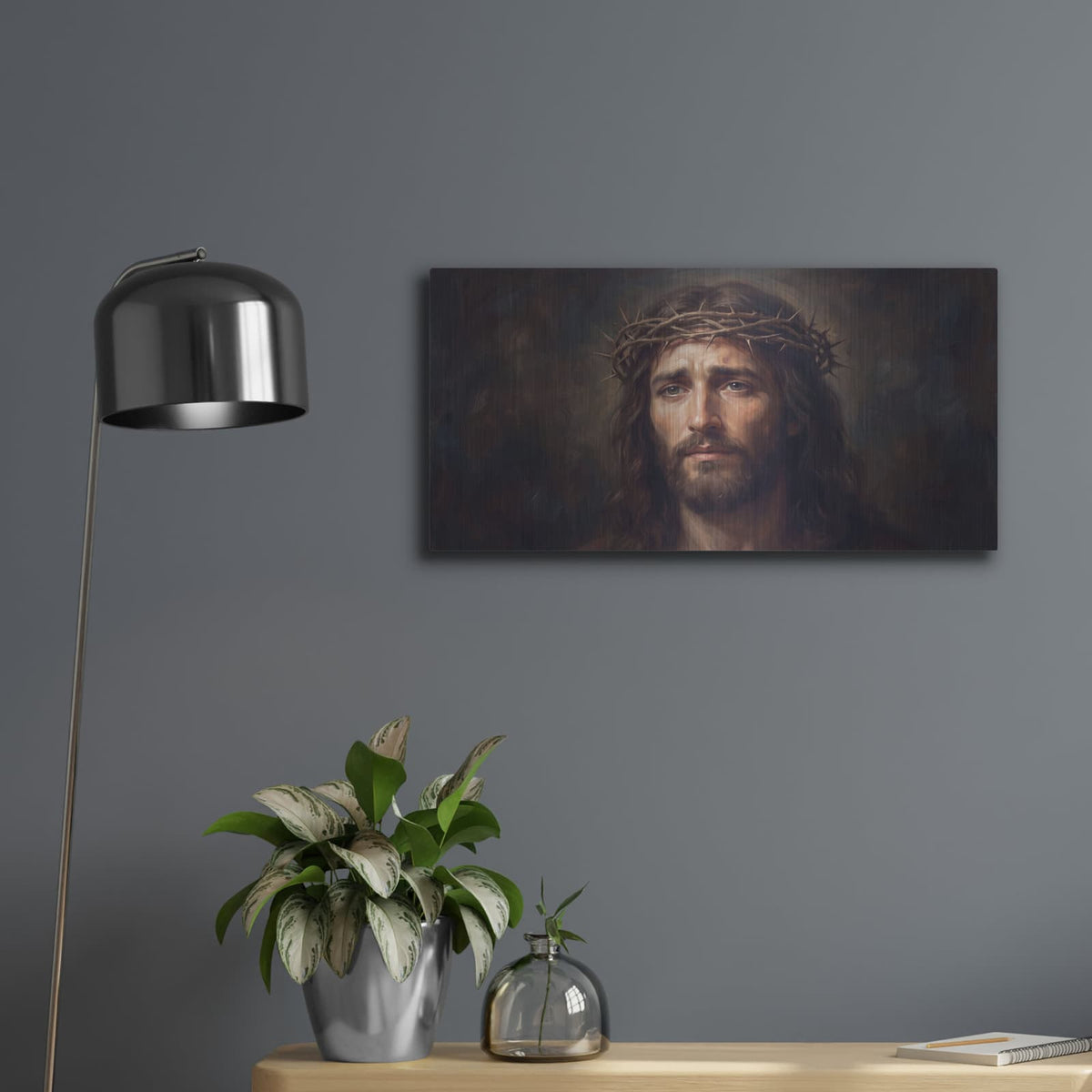 'Jesus Crown Thorns' by Veve – Metal Wall Art, 24x12 room view
