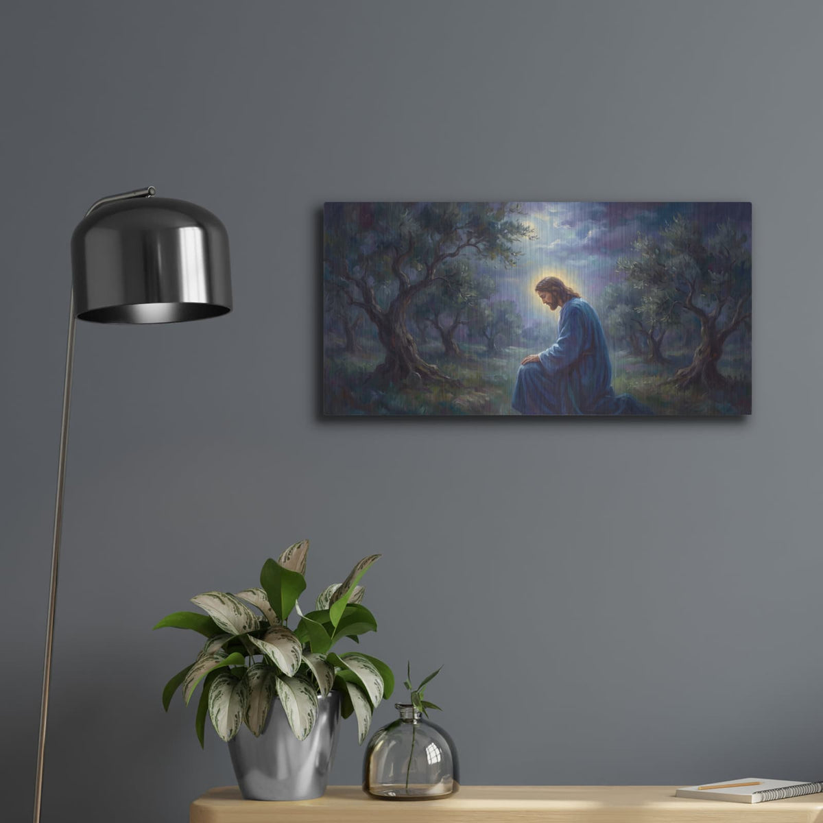 'Jesus Gethsemane Prayer I' by Veve – Metal Wall Art, 24x12 room view