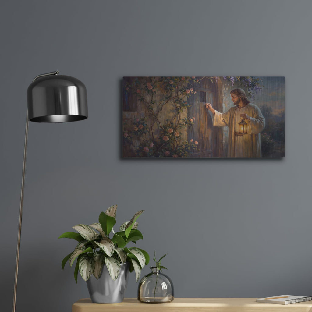 'Jesus Knockig at Door' by Veve – Metal Wall Art, 24x12 room view