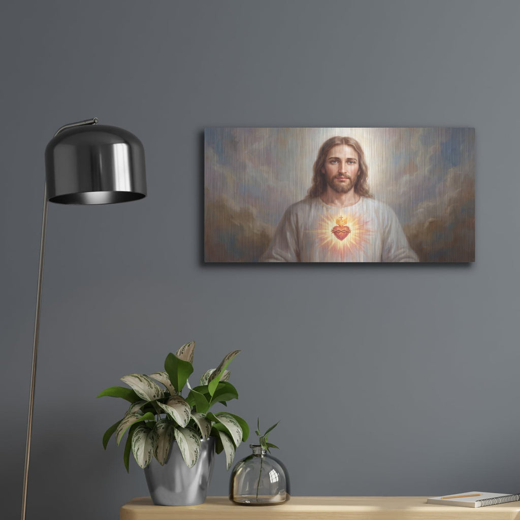 'Jesus Sacred Heart' by Veve – Metal Wall Art, 24x12 room view