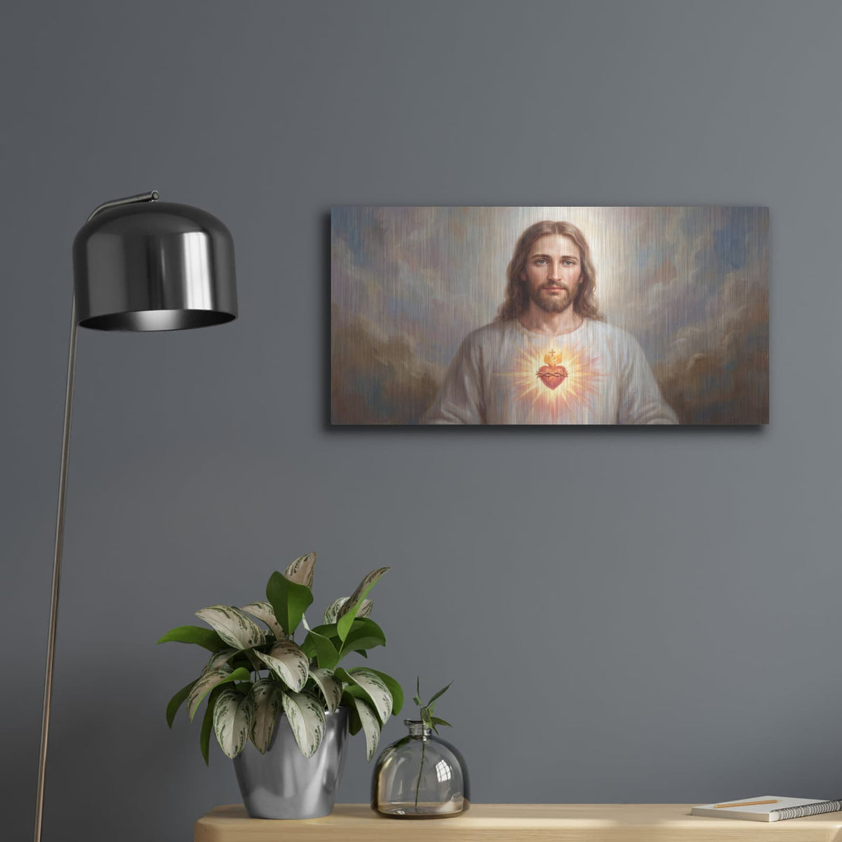 'Jesus Sacred Heart' by Veve – Metal Wall Art, 24x12 room view
