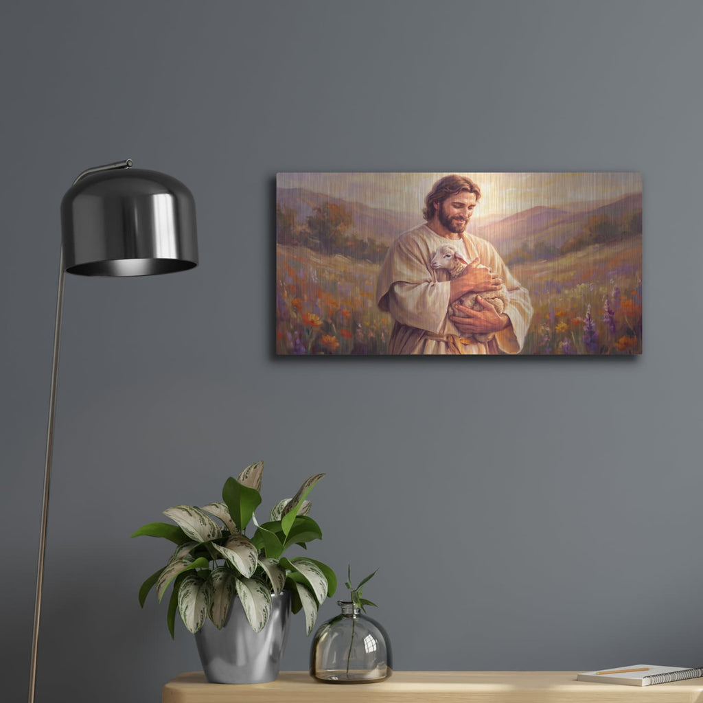 'Jesus with Lamb' by Veve – Metal Wall Art, 24x12 room view