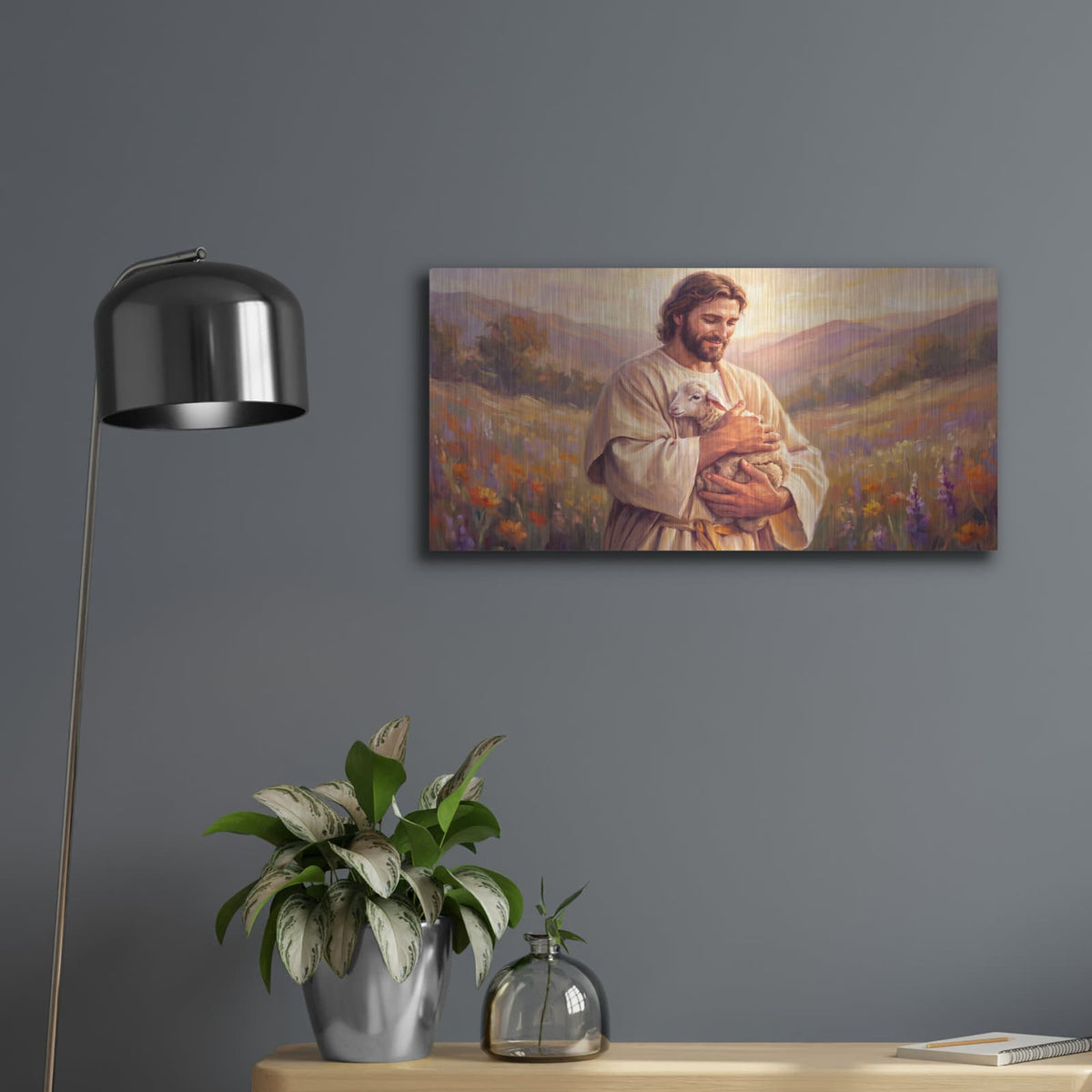 'Jesus with Lamb' by Veve – Metal Wall Art, 24x12 room view