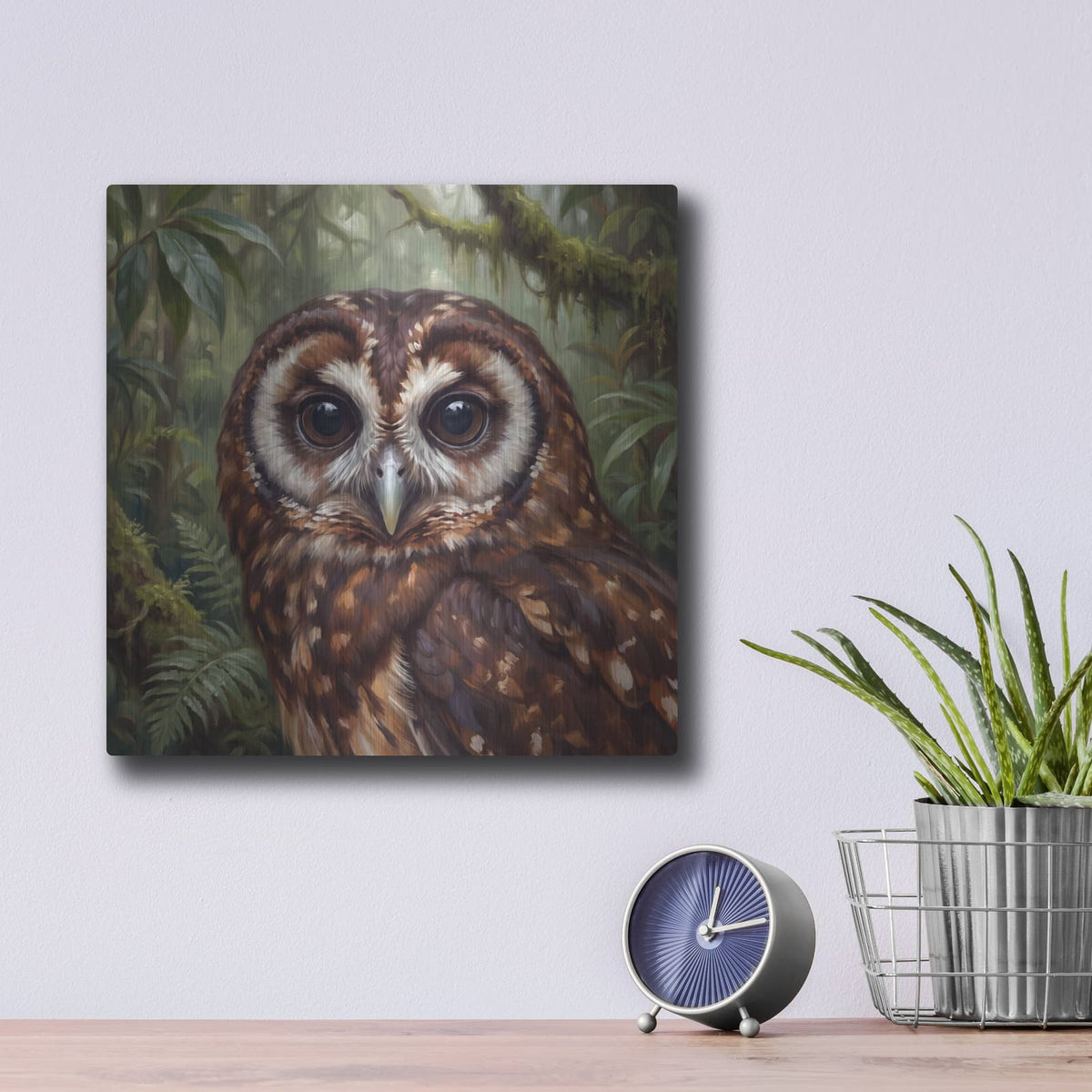 'Jungle Owl' by Veve – Metal Wall Art, 12x12 room view