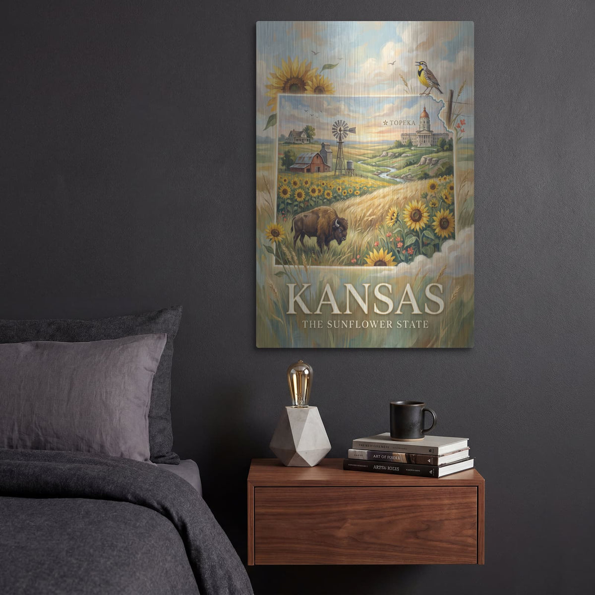 'Kansas The Sunflower State I' by Veve – Metal Wall Art, 16x24 room view