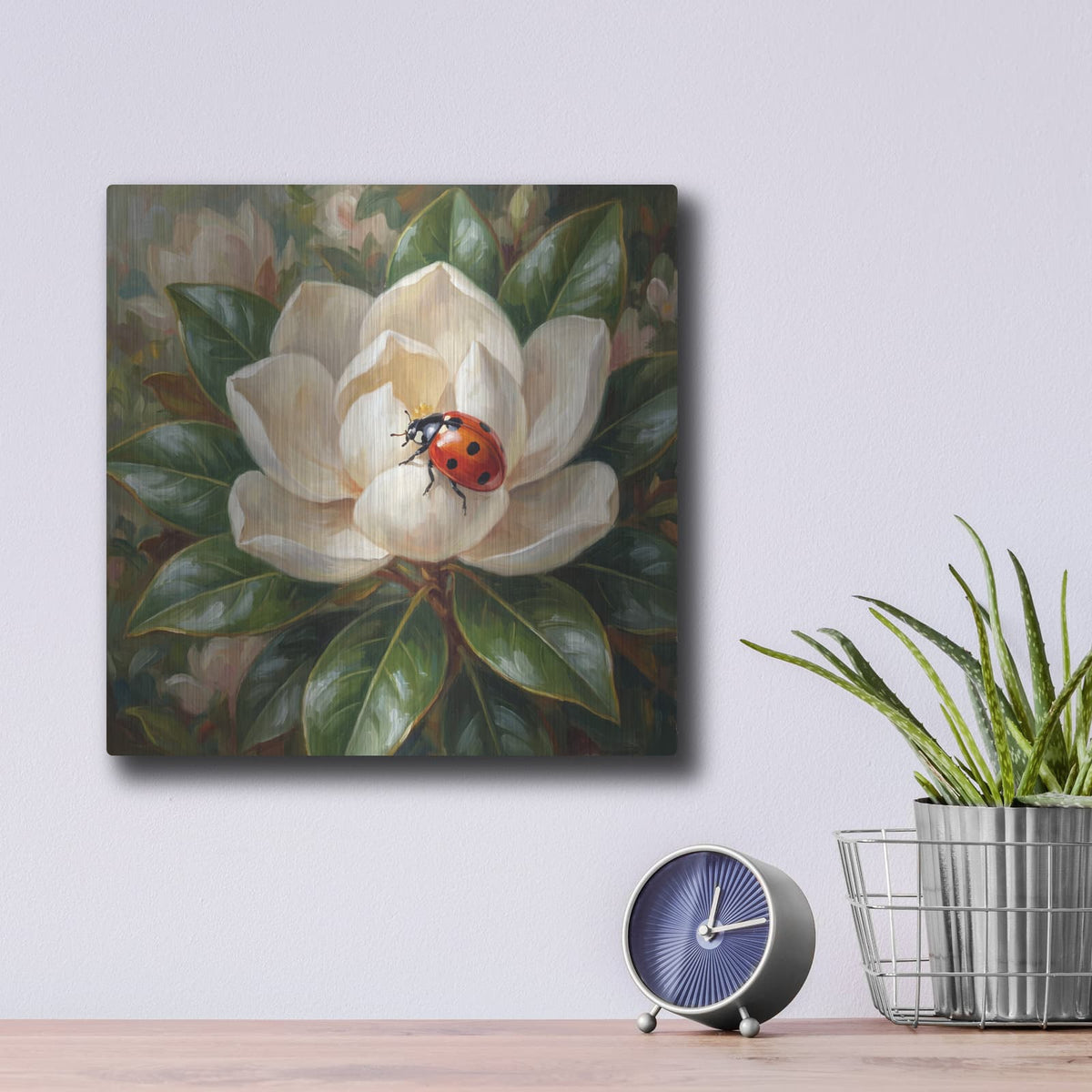 'Ladybug and Magnolia' by Veve – Metal Wall Art, 12x12 room view