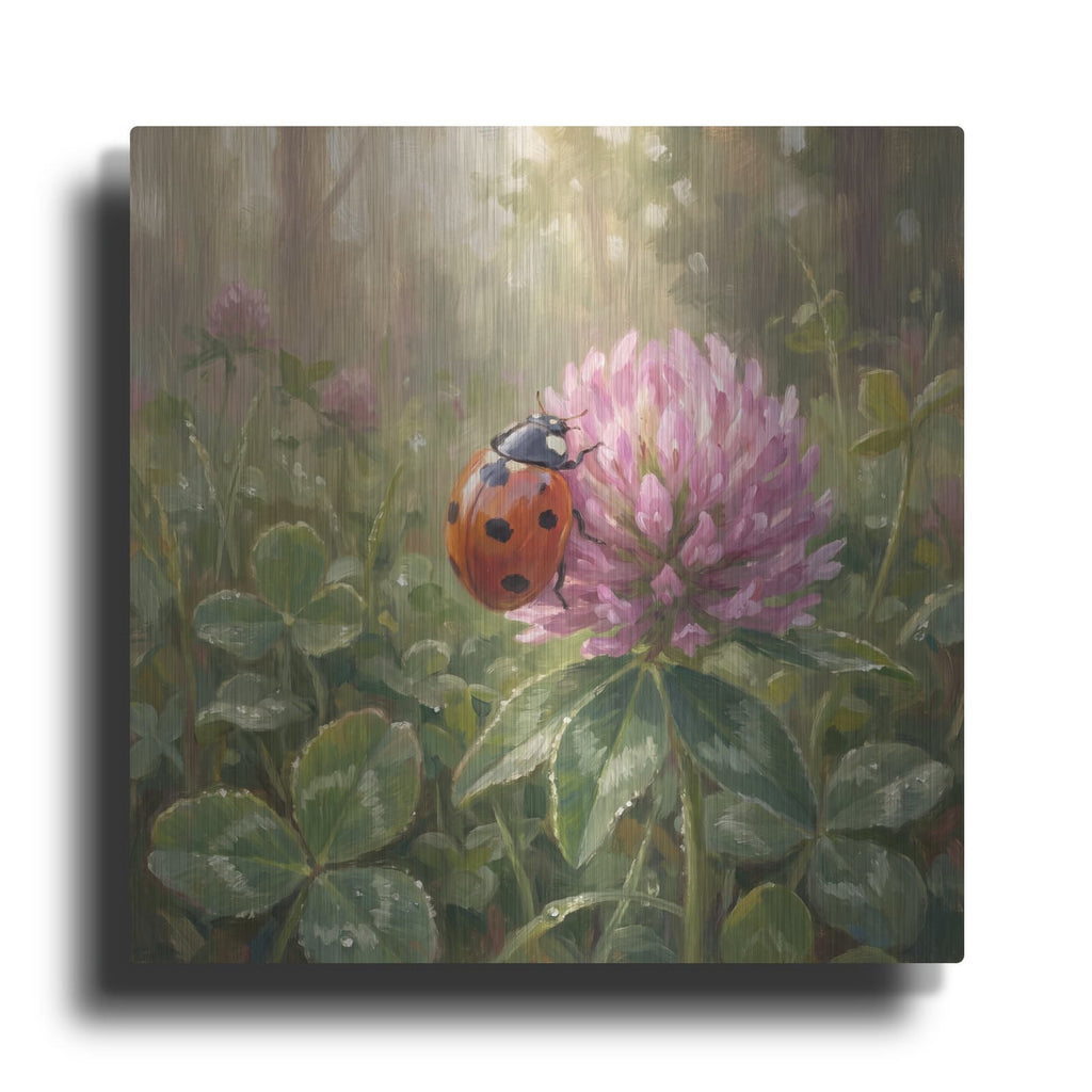 'Ladybug and Pink Clover' by Veve – Metal Wall Art