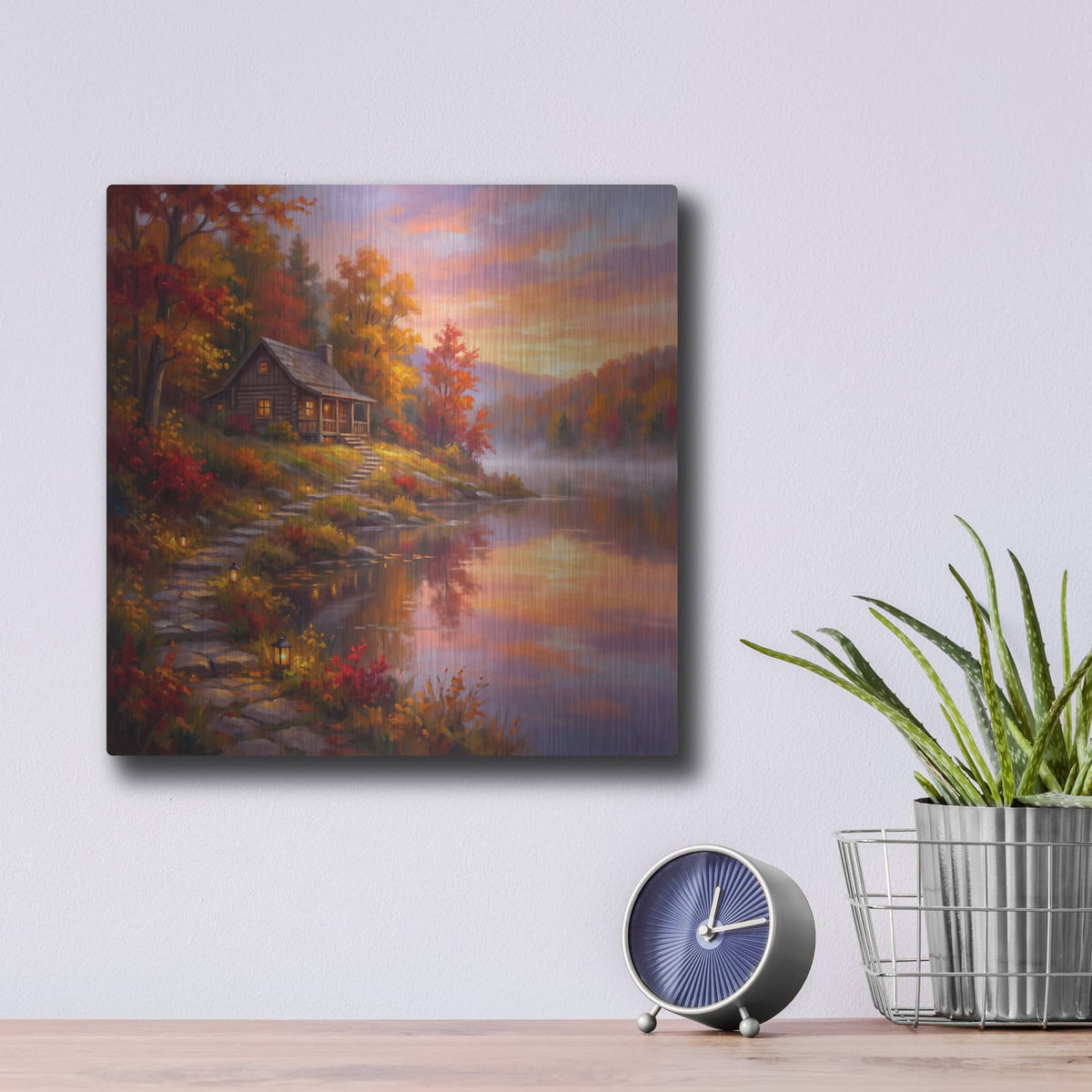 'Lake House at Sunrise' by Veve – Metal Wall Art, 12x12 room view