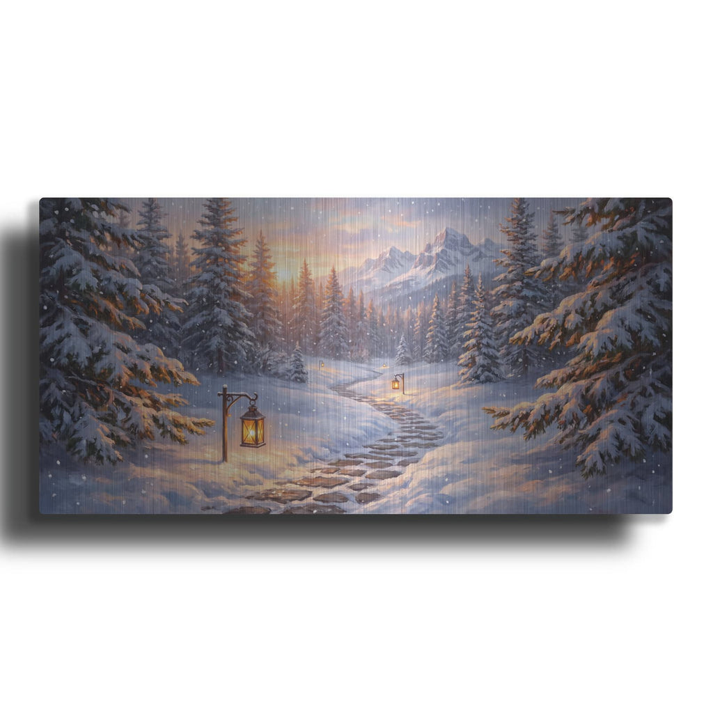 'Lantern Path Through Snowy Forest' by Veve – Metal Wall Art