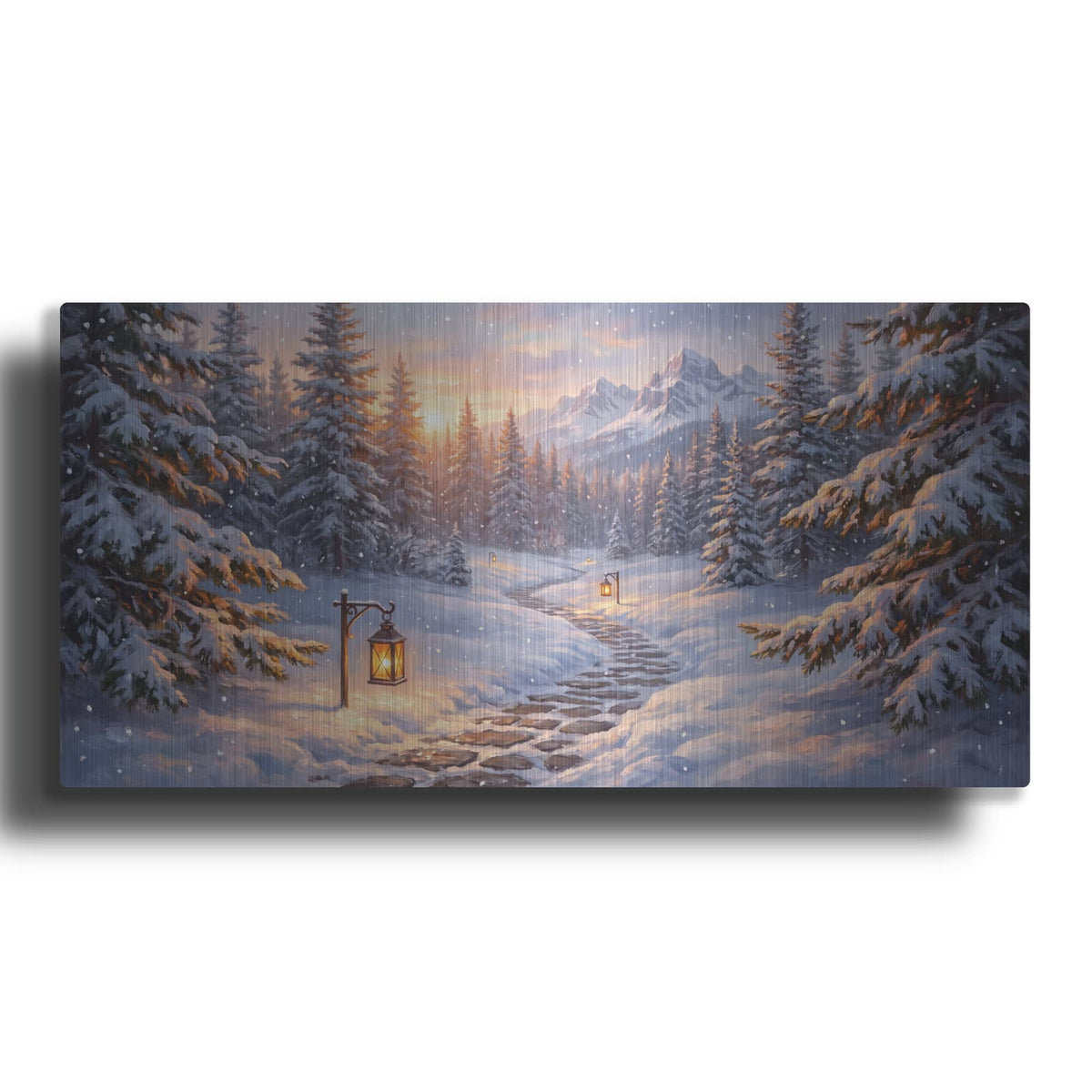 'Lantern Path Through Snowy Forest' by Veve – Metal Wall Art