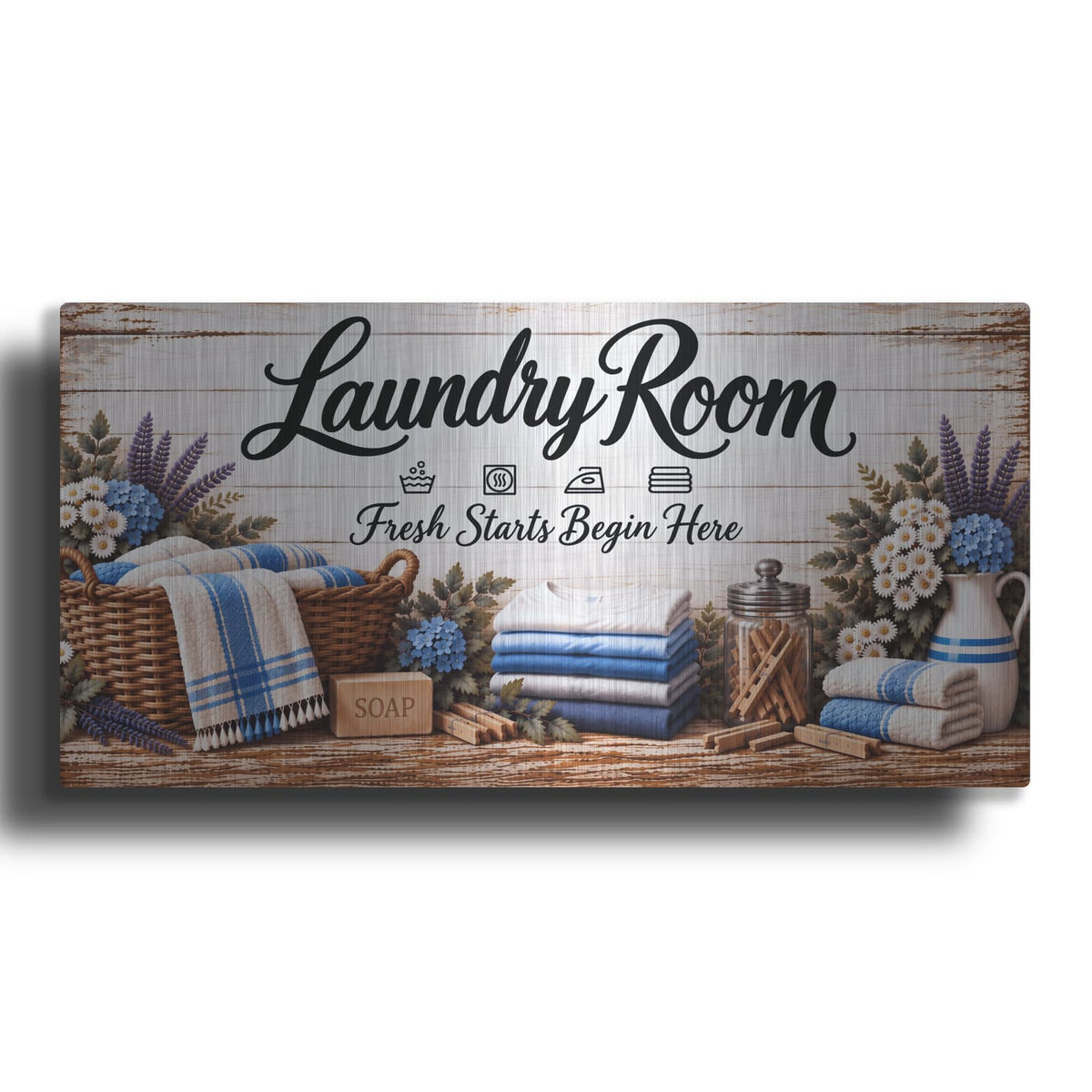 'Laundry Room Fresh Starts Begin Here' by Veve – Metal Wall Art