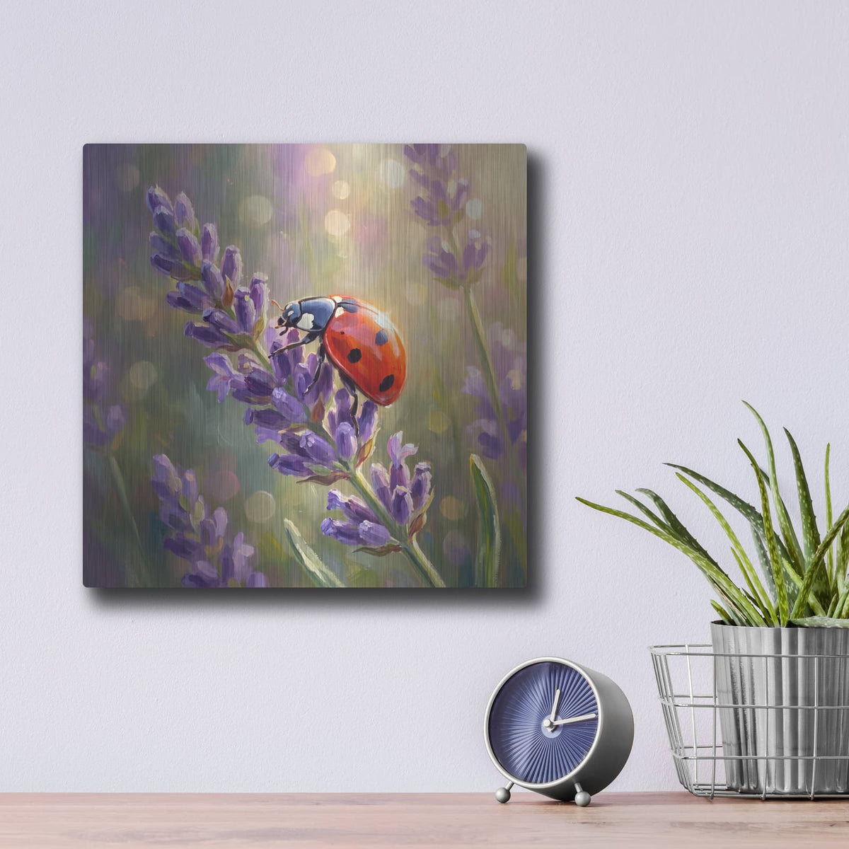 'Lavender and Ladybug' by Veve – Metal Wall Art, 12x12 room view