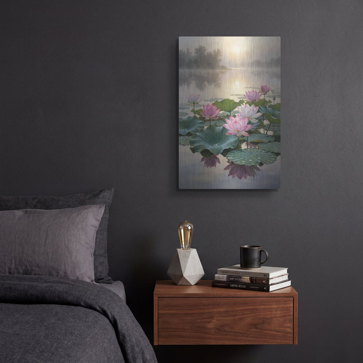 'Lotus Pond Whisper' by Veve – Metal Wall Art, 12x16 room view