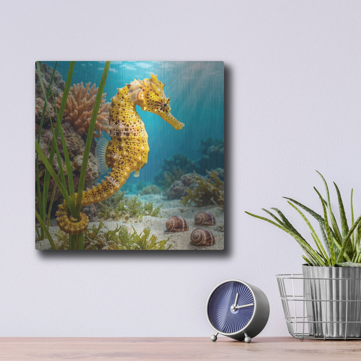 'Majestic Seahorse' by Veve – Metal Wall Art, 12x12 room view