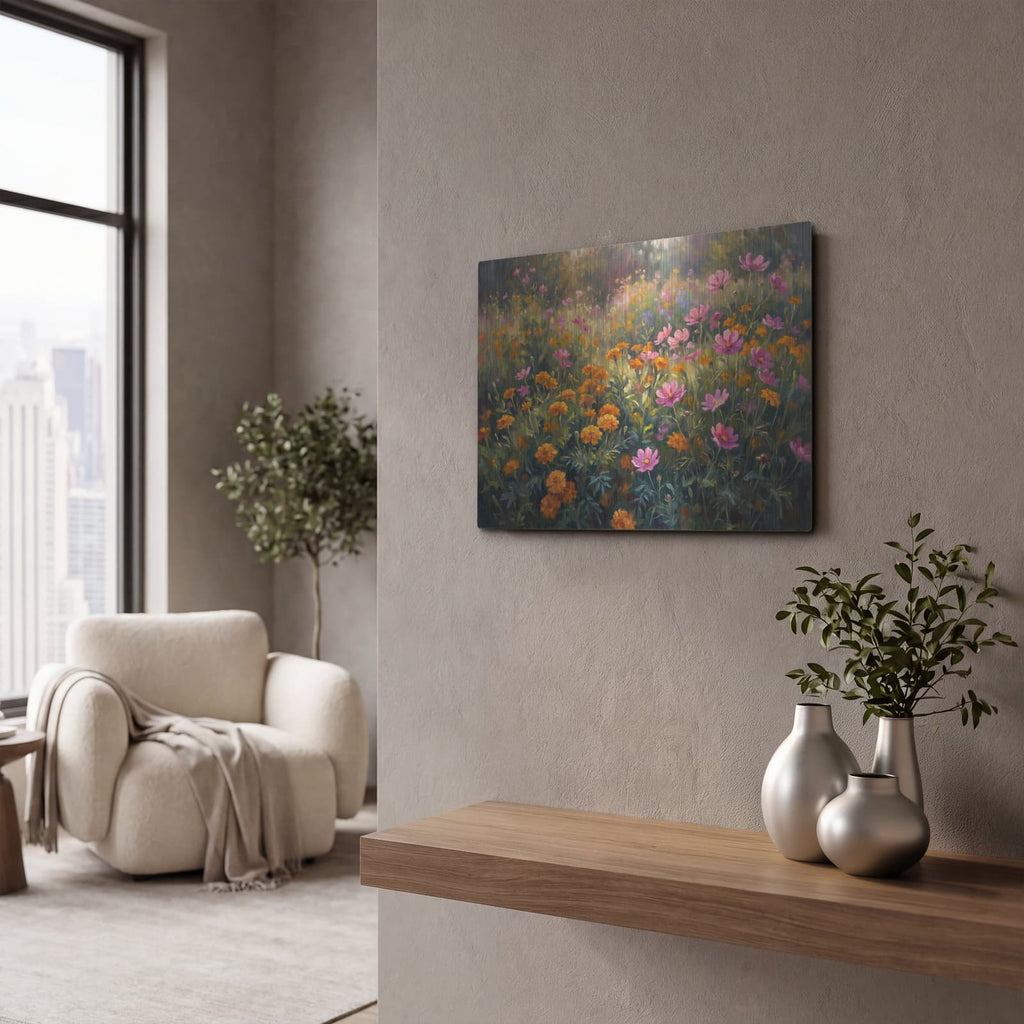 'Marigold and Cosmos Glow' by Veve – Metal Wall Art, 16x12 room view