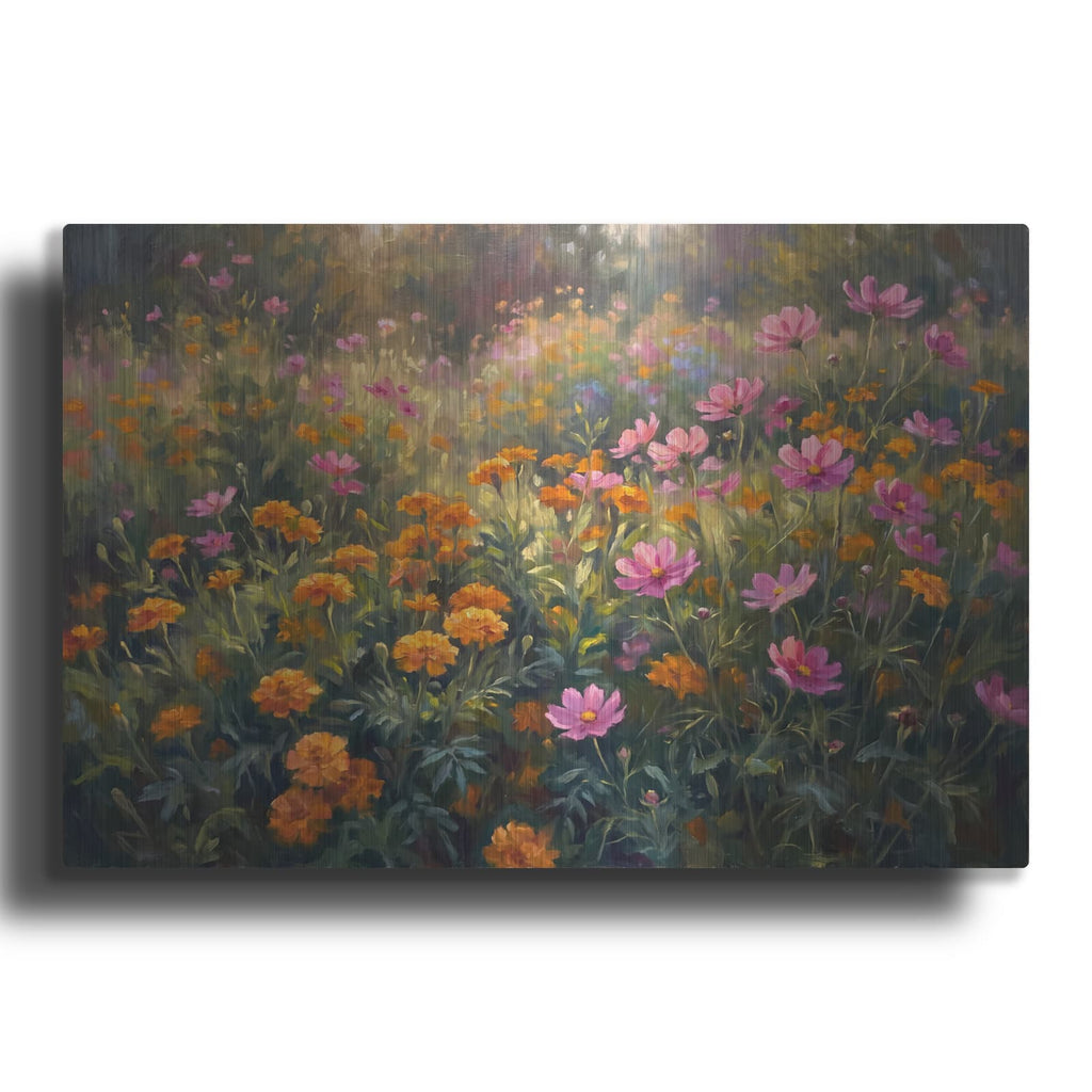 'Marigold and Cosmos Glow' by Veve – Metal Wall Art