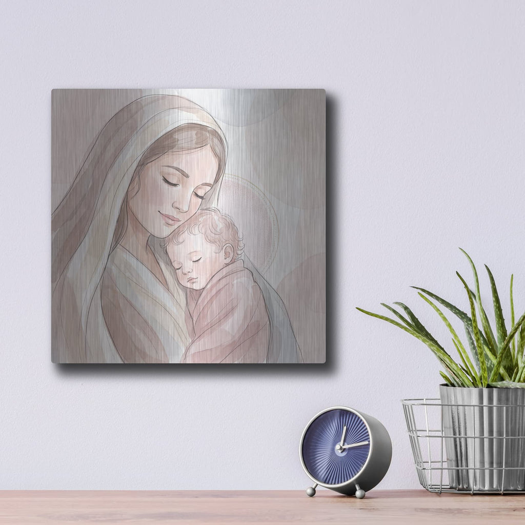 'Mary with Child Minimalist' by Veve – Metal Wall Art, 12x12 room view