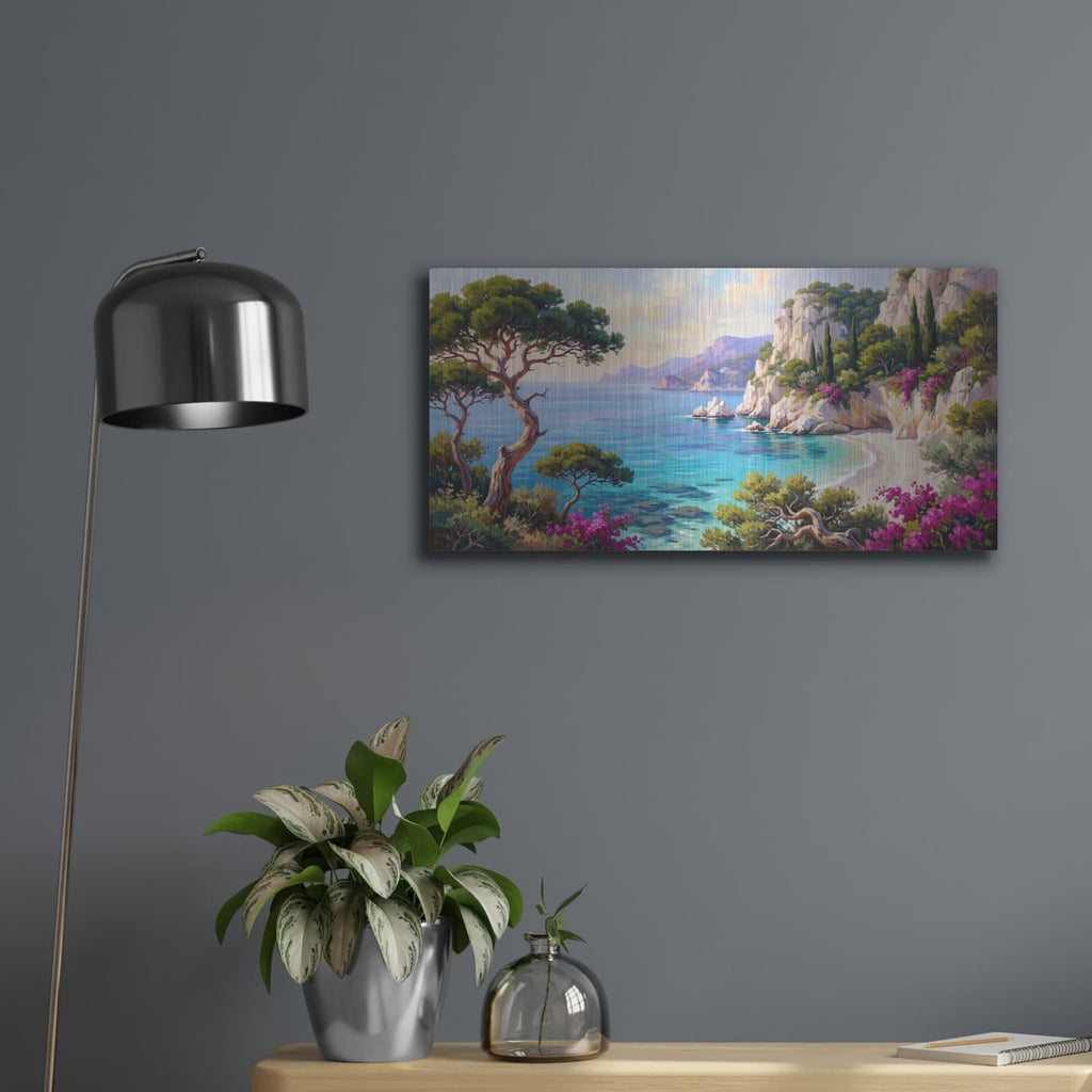 'Mediterranean Paradise Turquoise Coast' by Veve – Metal Wall Art, 24x12 room view