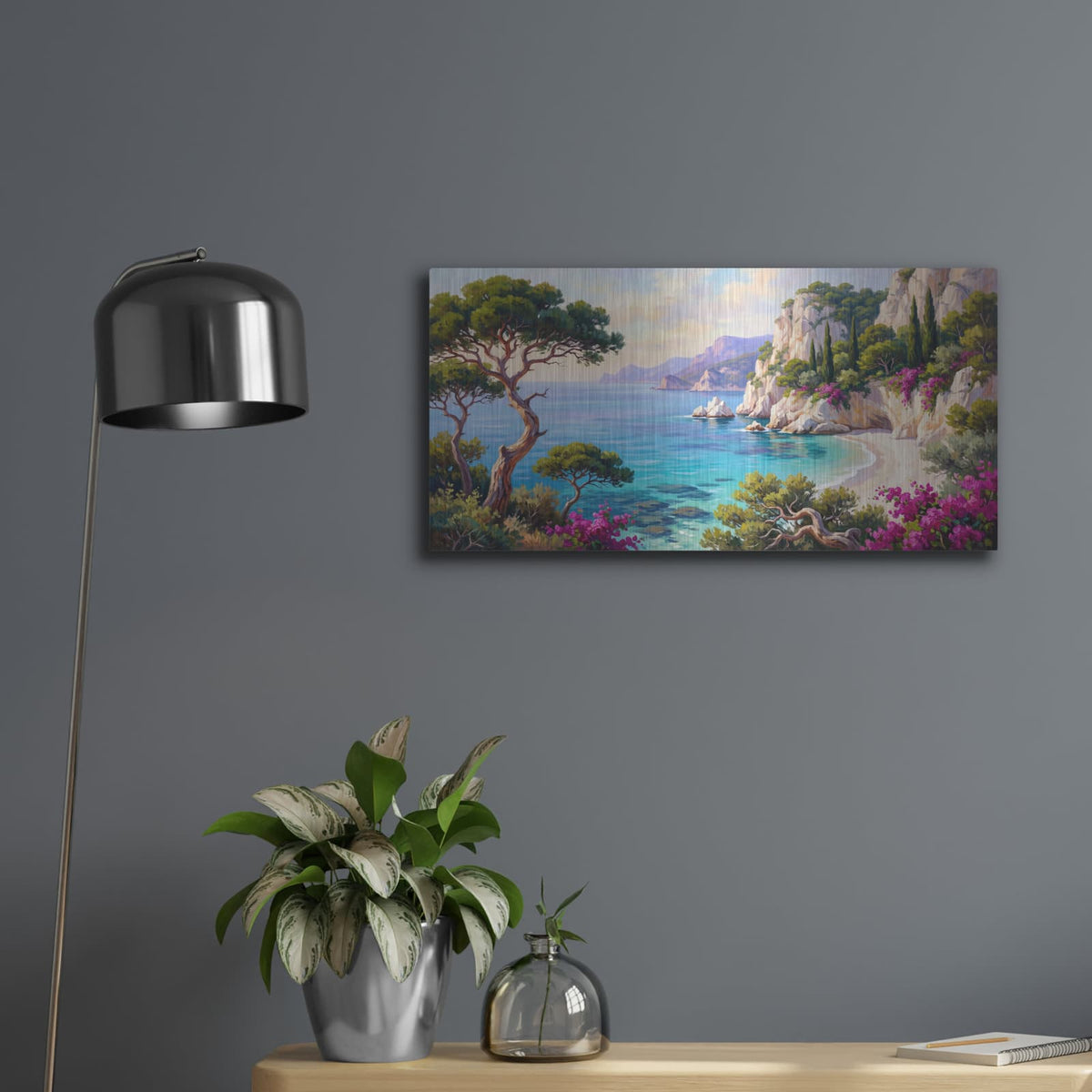 'Mediterranean Paradise Turquoise Coast' by Veve – Metal Wall Art, 24x12 room view