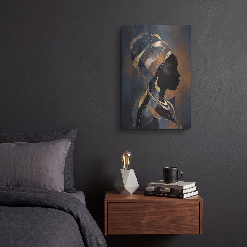'Melanin Queen Woman in Gold III' by Veve – Metal Wall Art, 12x16 room view