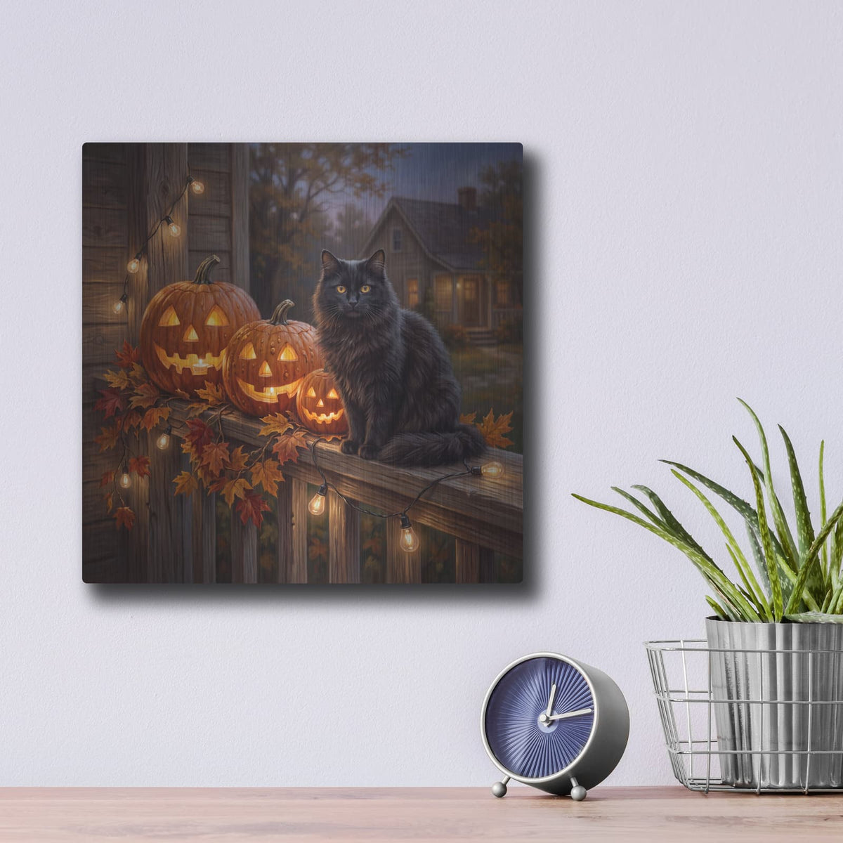 'Midnight Pumpkin Porch' by Veve – Metal Wall Art, 12x12 room view