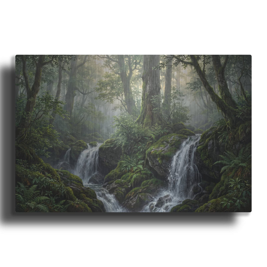 'Misty Forest Waterfall' by Veve – Metal Wall Art