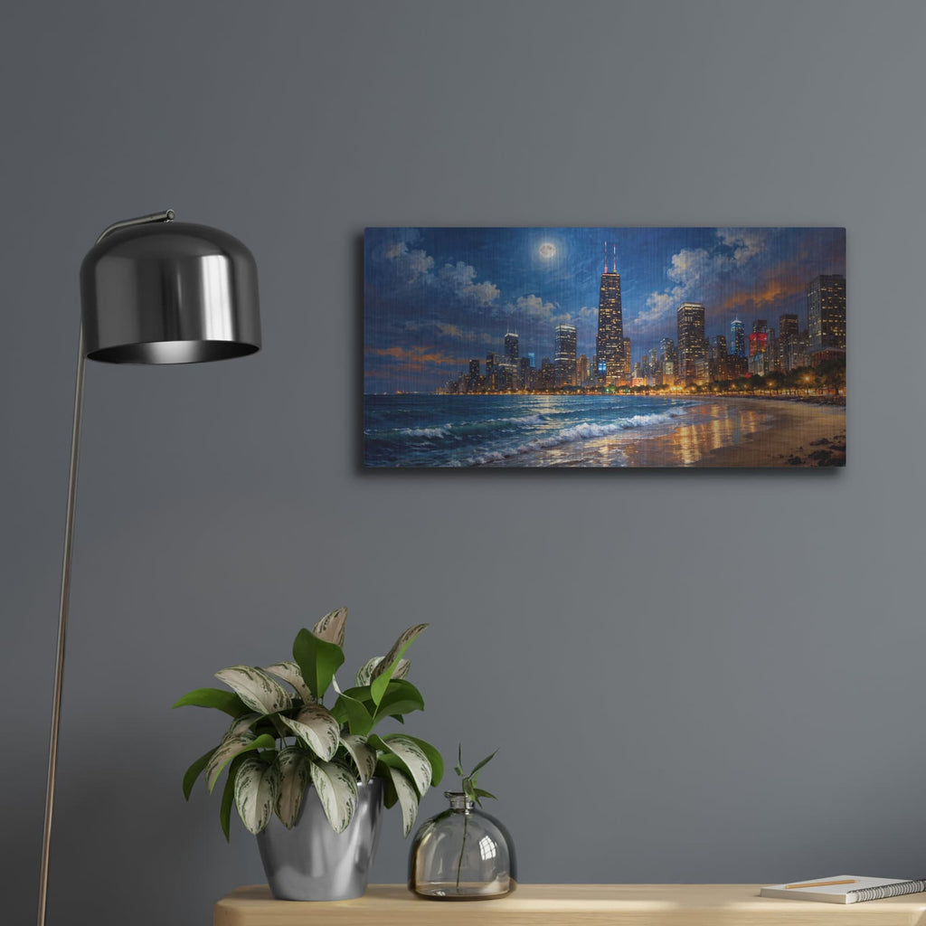 'Moonlit Chicago Skyline (1)' by Veve – Metal Wall Art, 24x12 room view