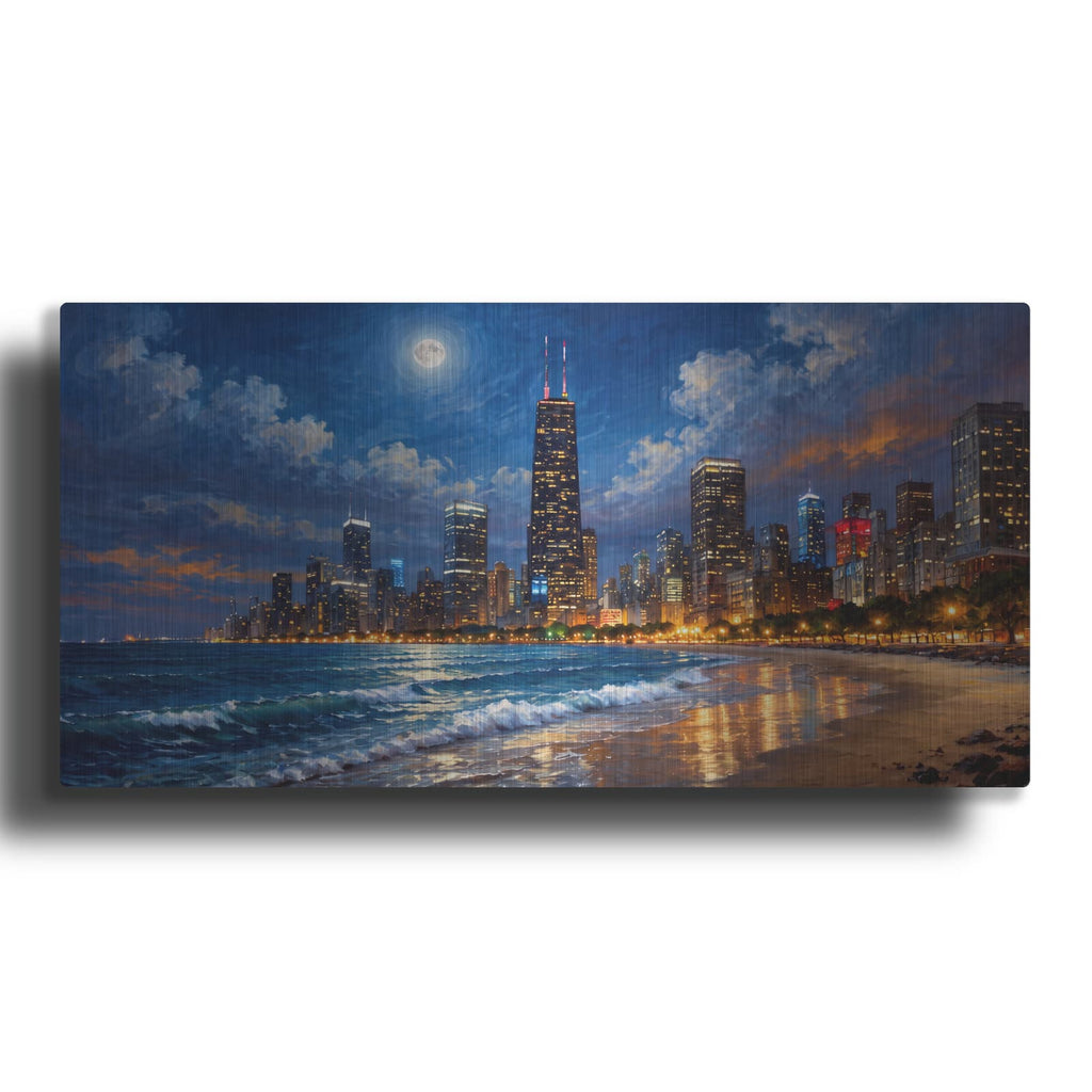 'Moonlit Chicago Skyline (1)' by Veve – Metal Wall Art