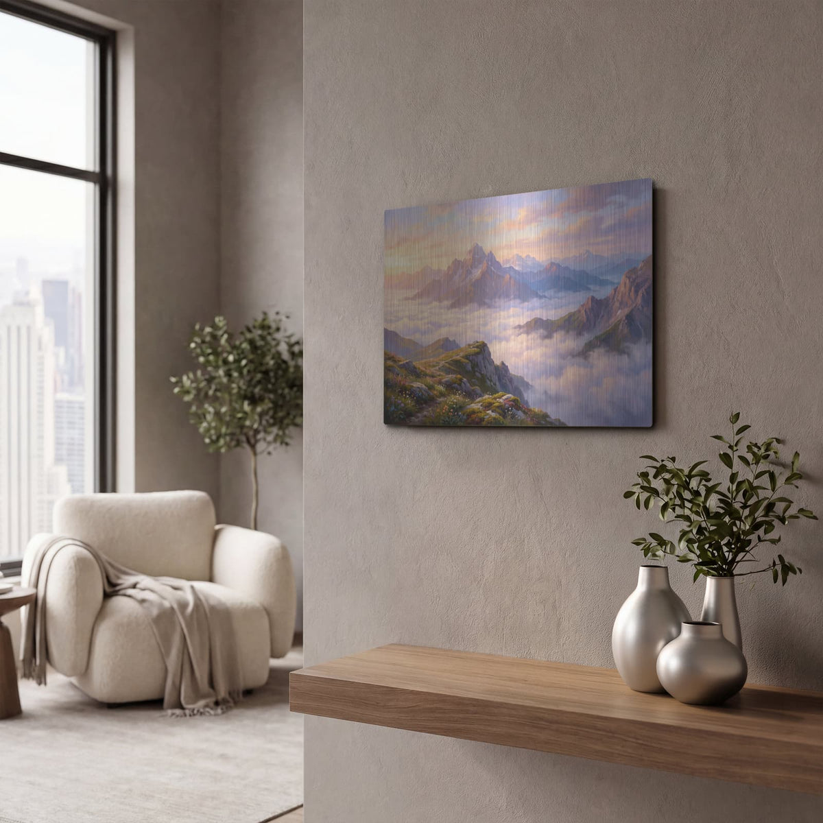 'Mountain Serenity Sunrise Above the Clouds' by Veve – Metal Wall Art, 16x12 room view