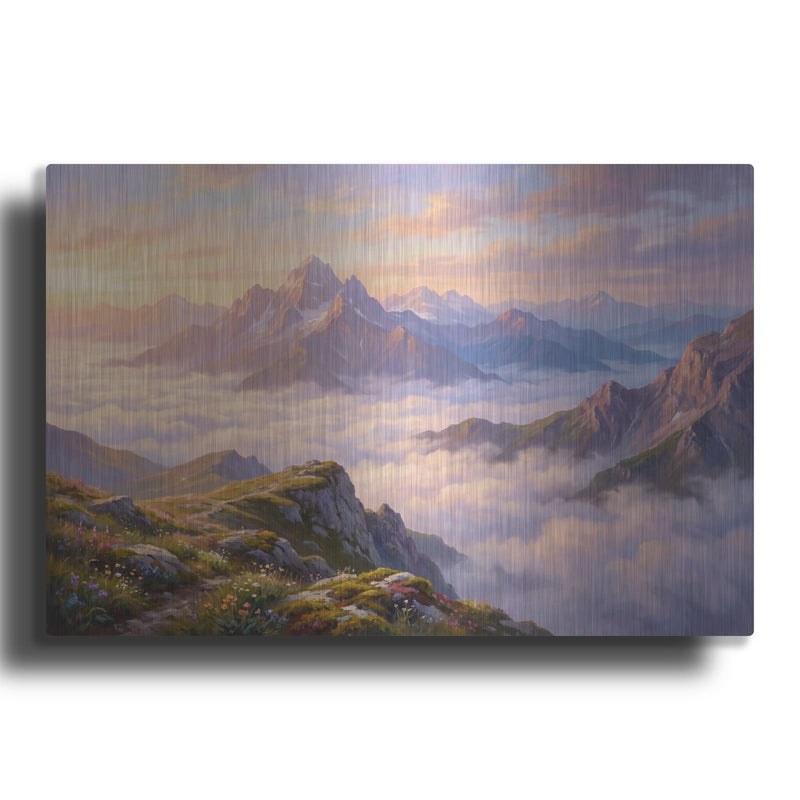 'Mountain Serenity Sunrise Above the Clouds' by Veve – Metal Wall Art