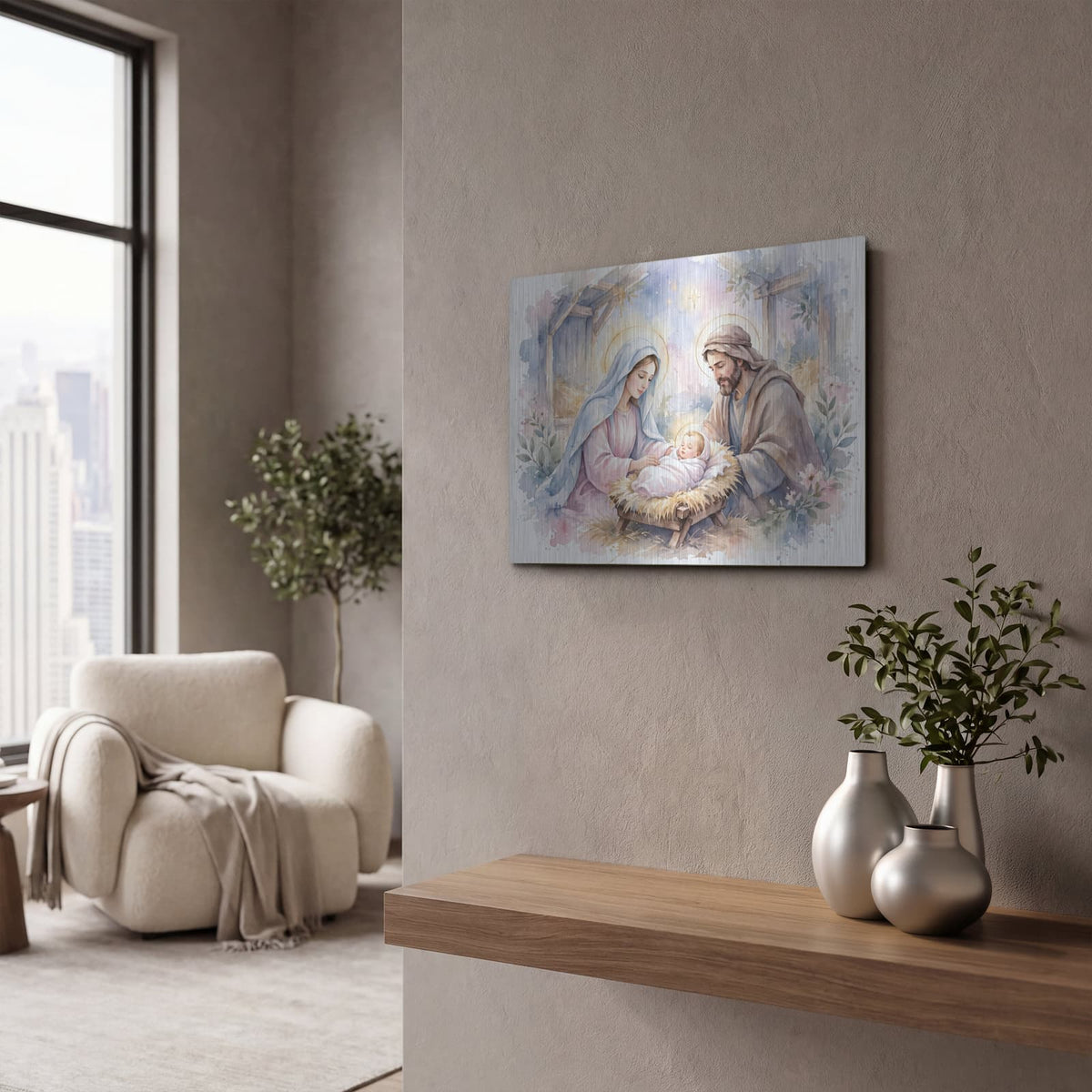 'Nativity Watercolor' by Veve – Metal Wall Art, 16x12 room view
