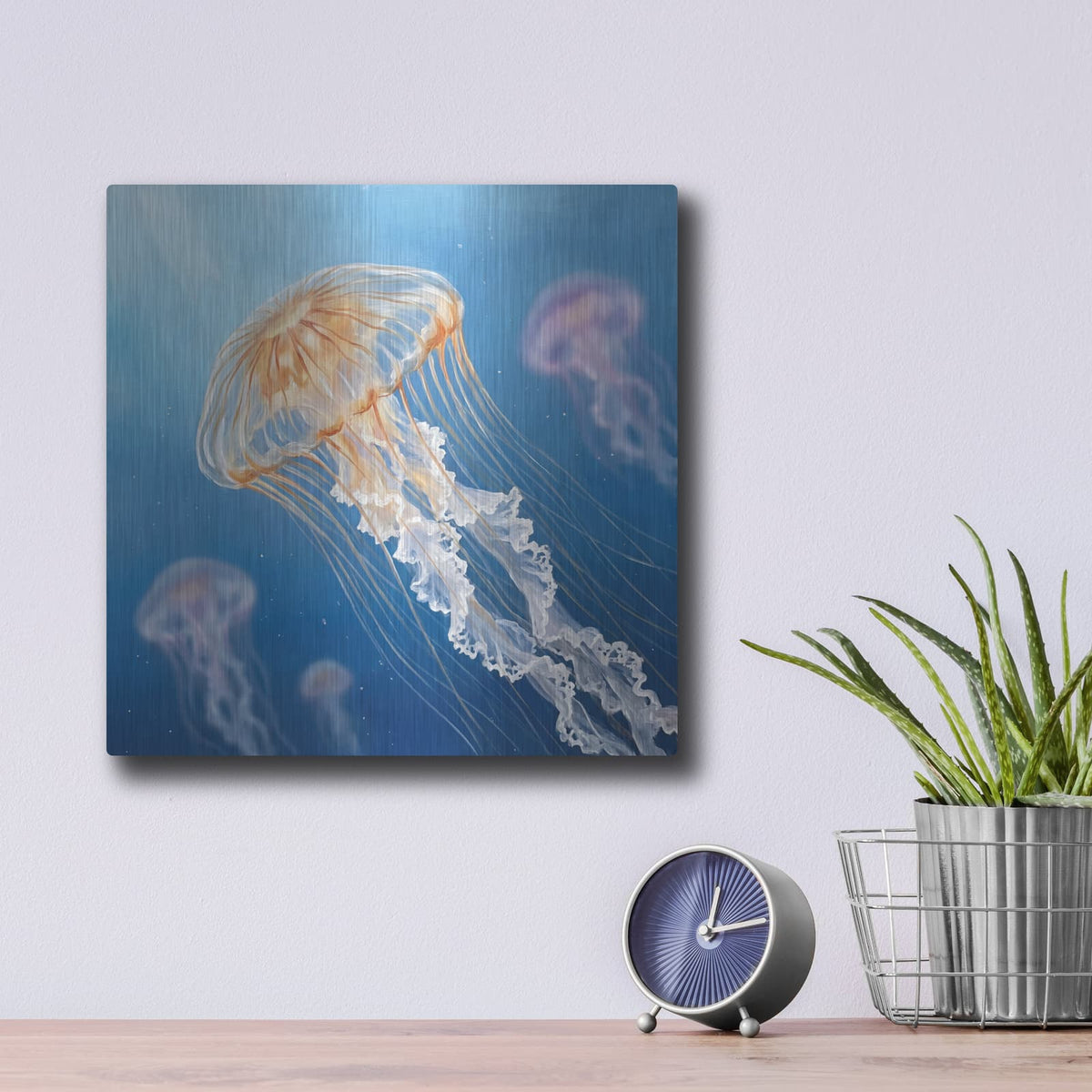 'Night Lights Golden Jellyfish' by Veve – Metal Wall Art, 12x12 room view