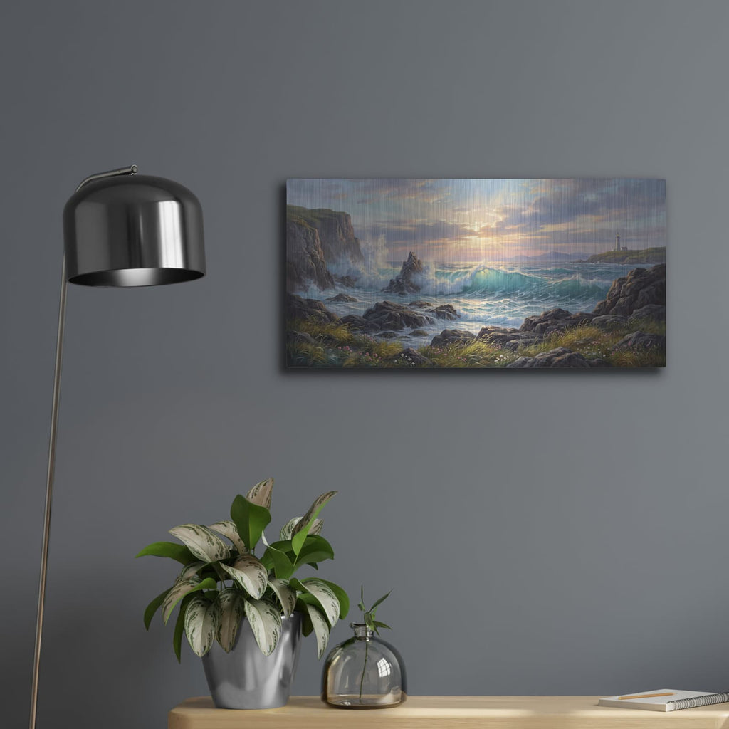 'Ocean Majesty Waves Against the Cliff' by Veve – Metal Wall Art, 24x12 room view