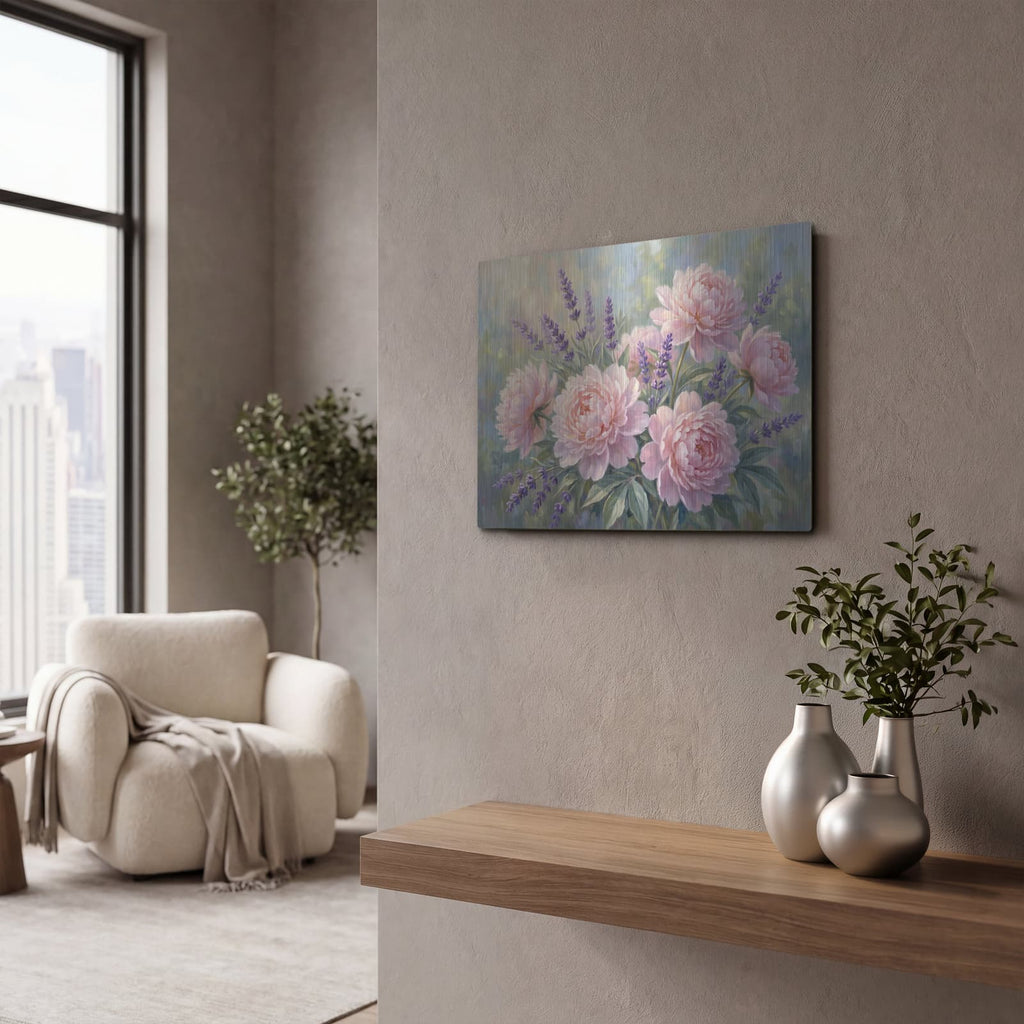 'Peony and Lavender Dreams' by Veve – Metal Wall Art, 16x12 room view