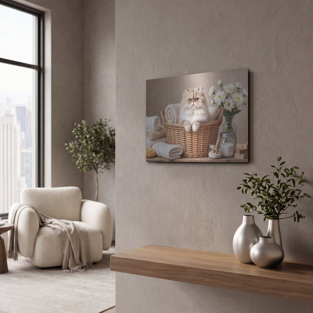 'Persian Cat in Laundry Basket' by Veve – Metal Wall Art, 16x12 room view