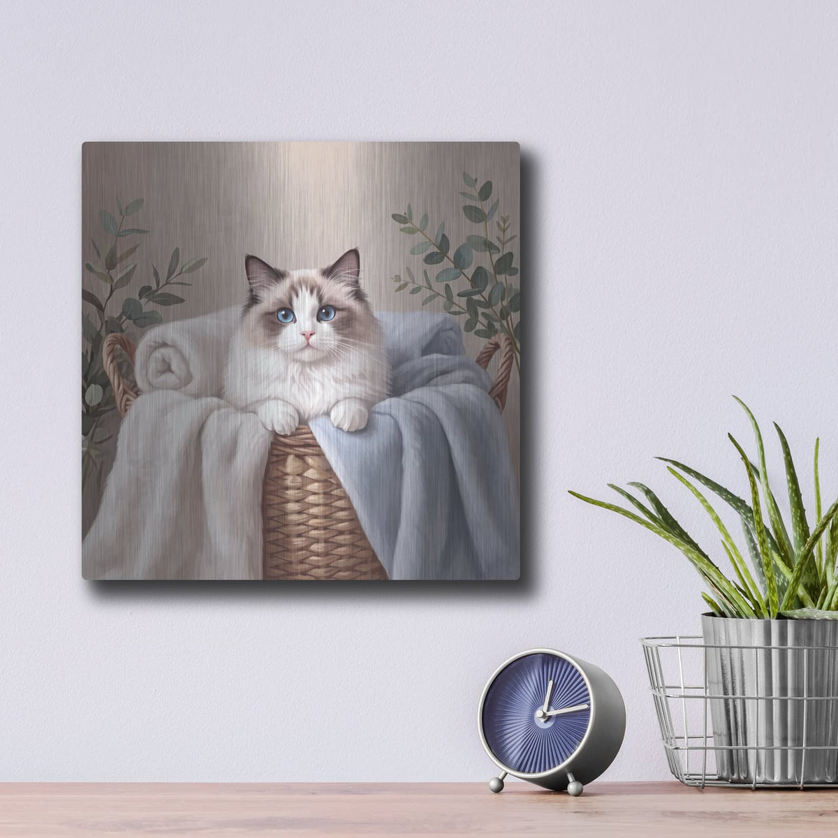 'Ragdoll Cat in Laundry Basket' by Veve – Metal Wall Art, 12x12 room view
