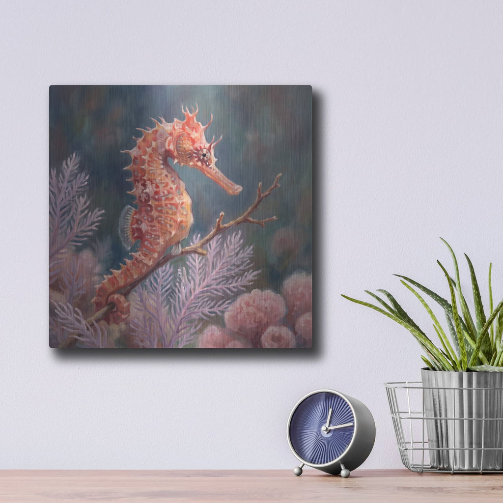 'Seahorse Among Lavender Corals' by Veve – Metal Wall Art, 12x12 room view