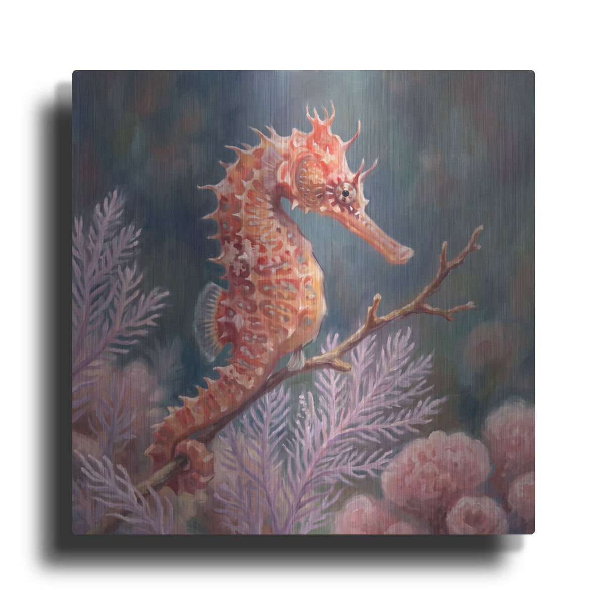 'Seahorse Among Lavender Corals' by Veve – Metal Wall Art