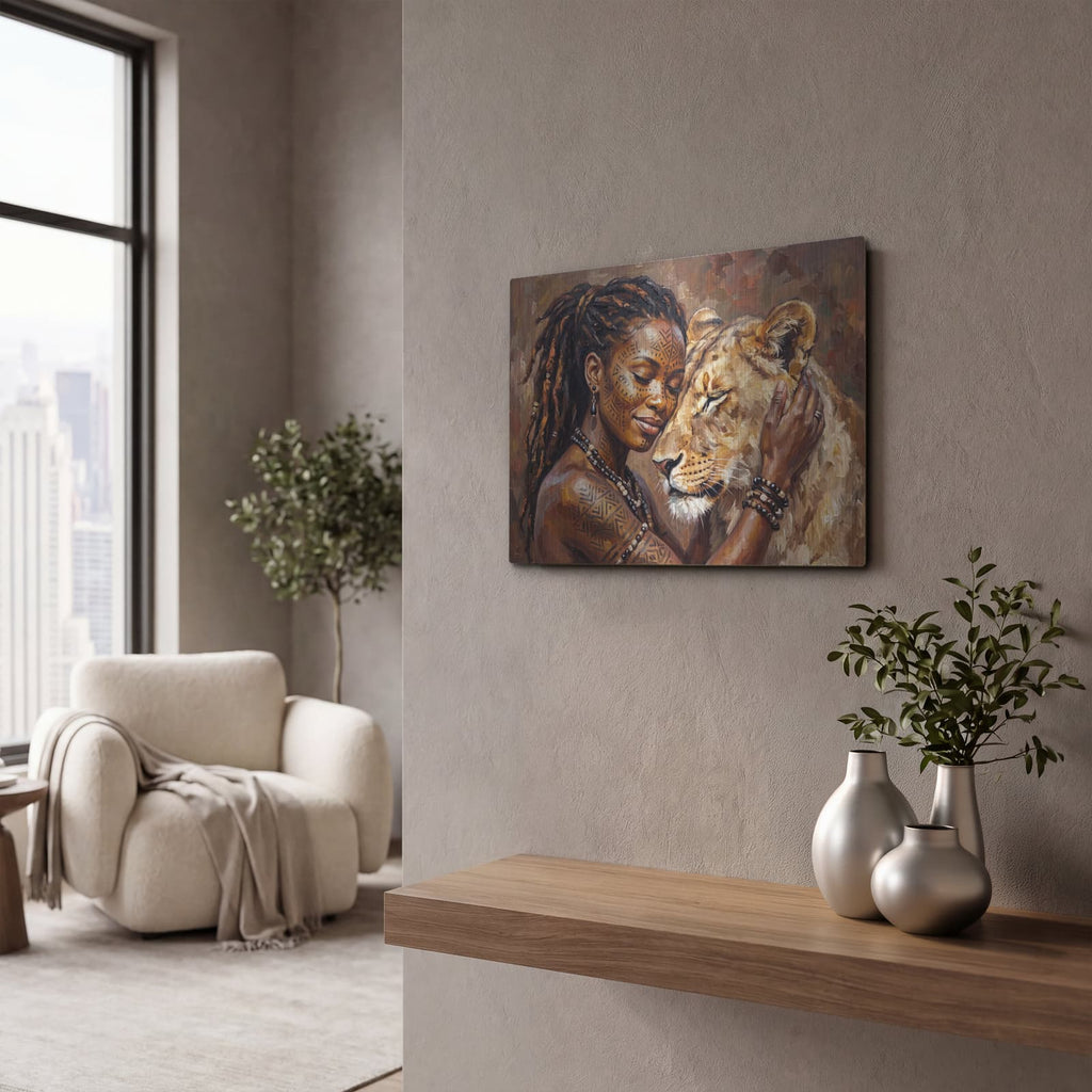'Sister Soul African Queen and Lioness' by Veve – Metal Wall Art, 16x12 room view