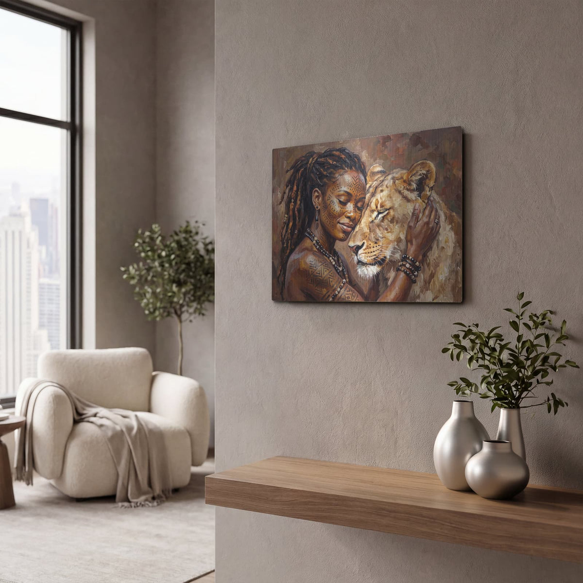 'Sister Soul African Queen and Lioness' by Veve – Metal Wall Art, 16x12 room view