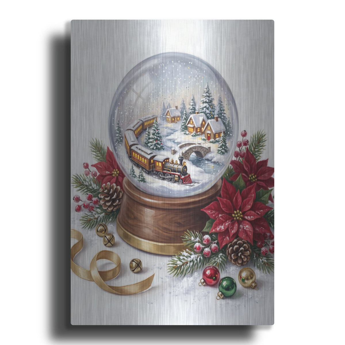 'Snow Globe Christmas Train Wonderland' by Veve – Metal Wall Art